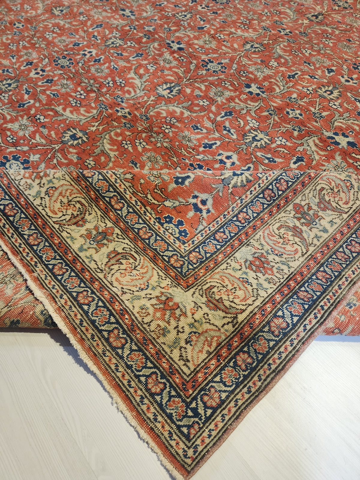 Large Hand-Knotted Turkish Oushak Rug, Muted Red Floral Anatolian Carpet (9'7" x 13'8")