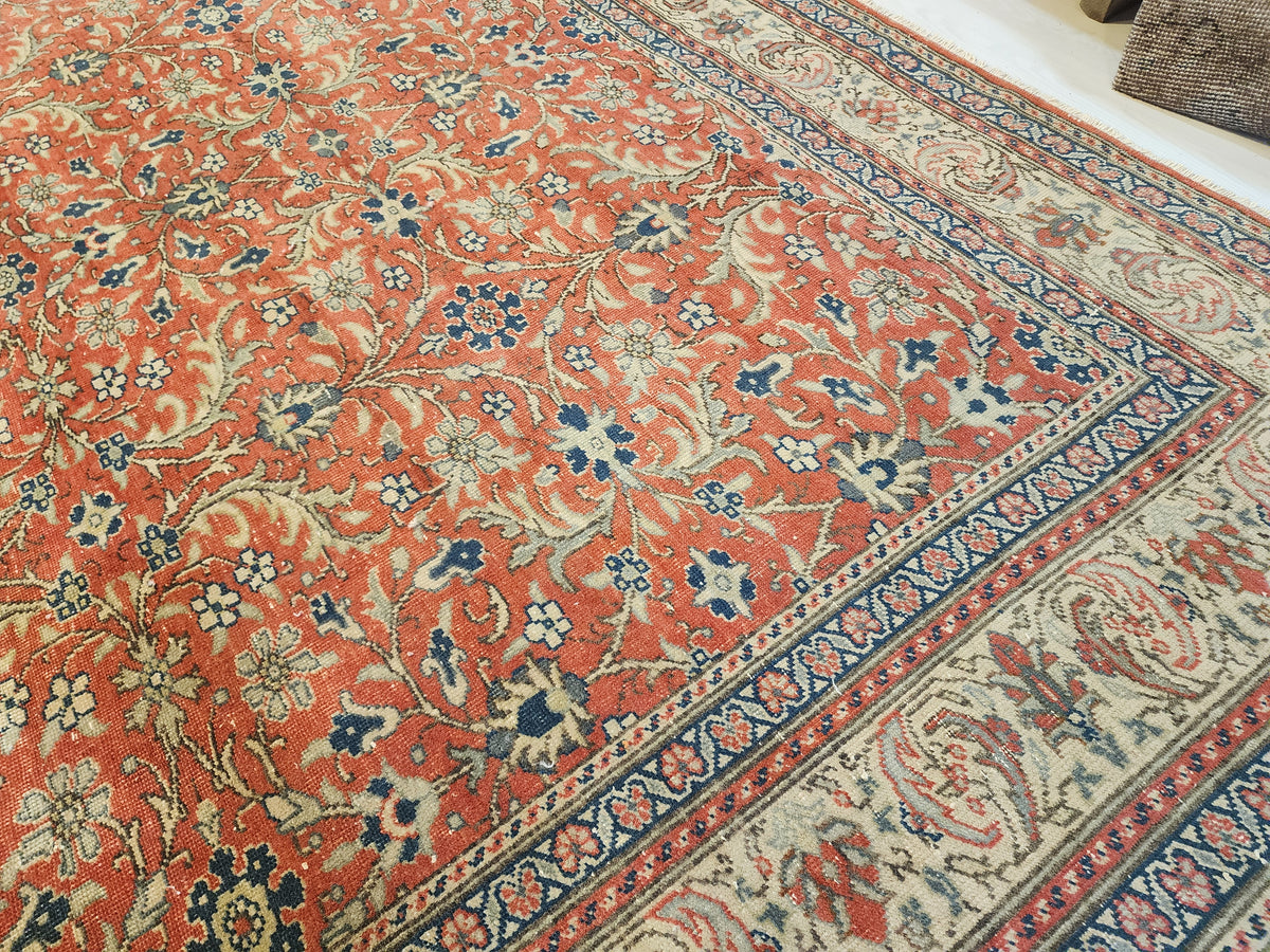 Large Hand-Knotted Turkish Oushak Rug, Muted Red Floral Anatolian Carpet (9'7" x 13'8")