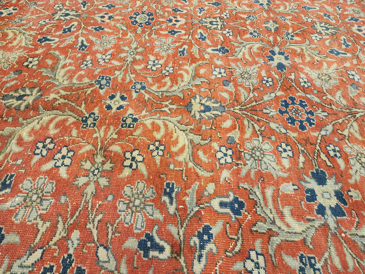 Large Hand-Knotted Turkish Oushak Rug, Muted Red Floral Anatolian Carpet (9'7" x 13'8")