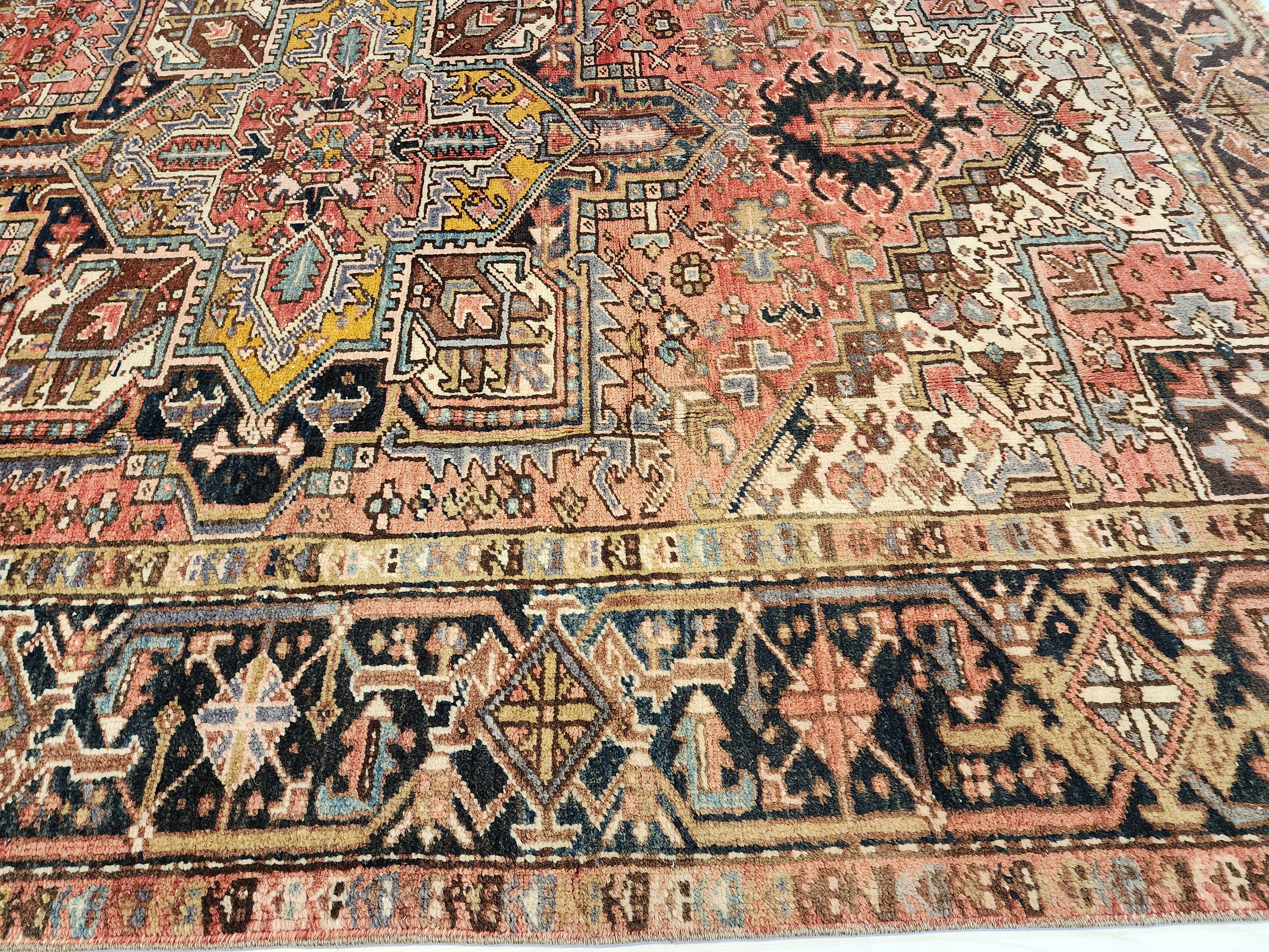 Vintage Persian Heriz Area Rug: Soft Red Oriental Design, 9'6'' x 6'9''