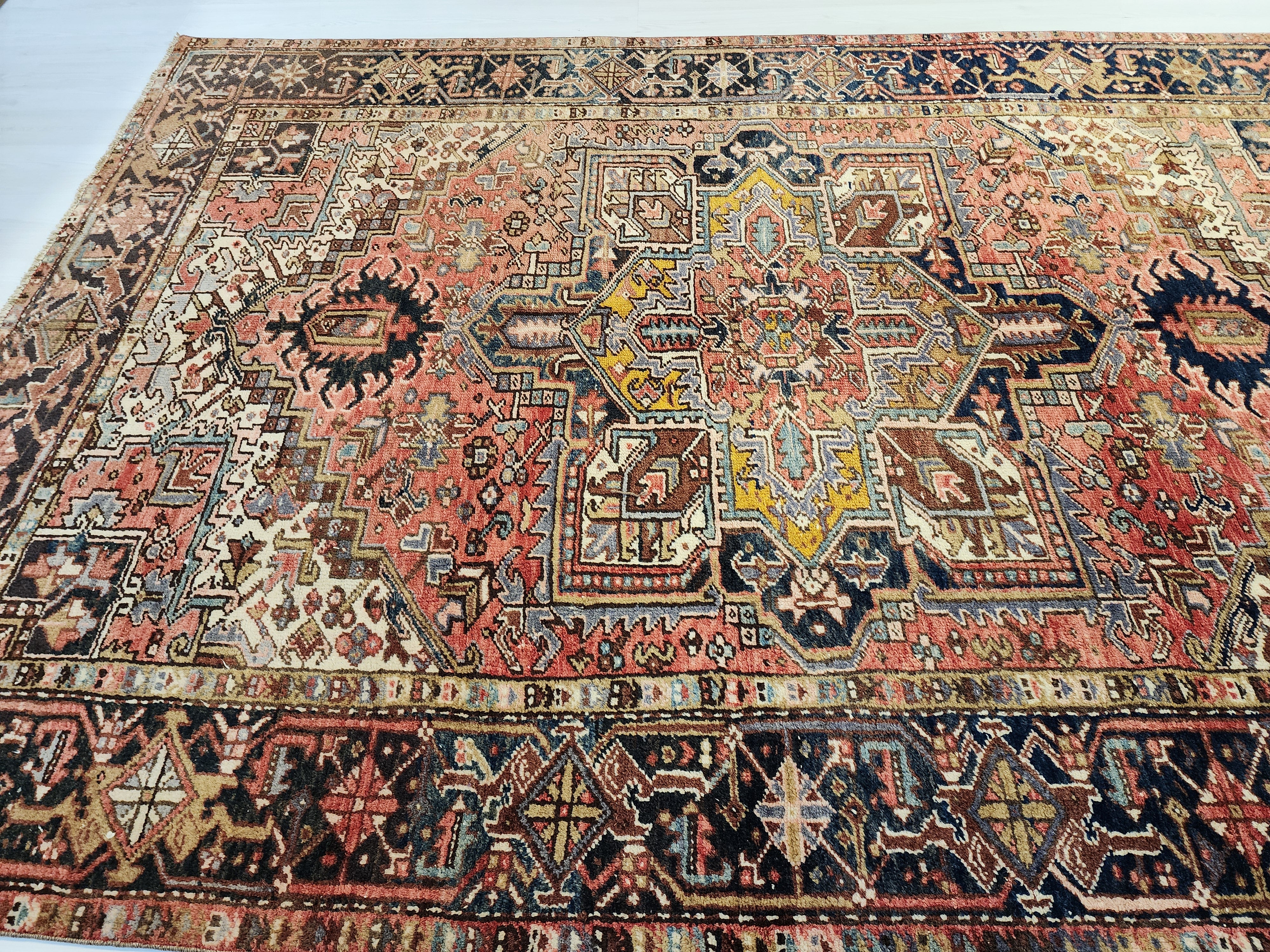 Vintage Persian Heriz Area Rug: Soft Red Oriental Design, 9'6'' x 6'9''