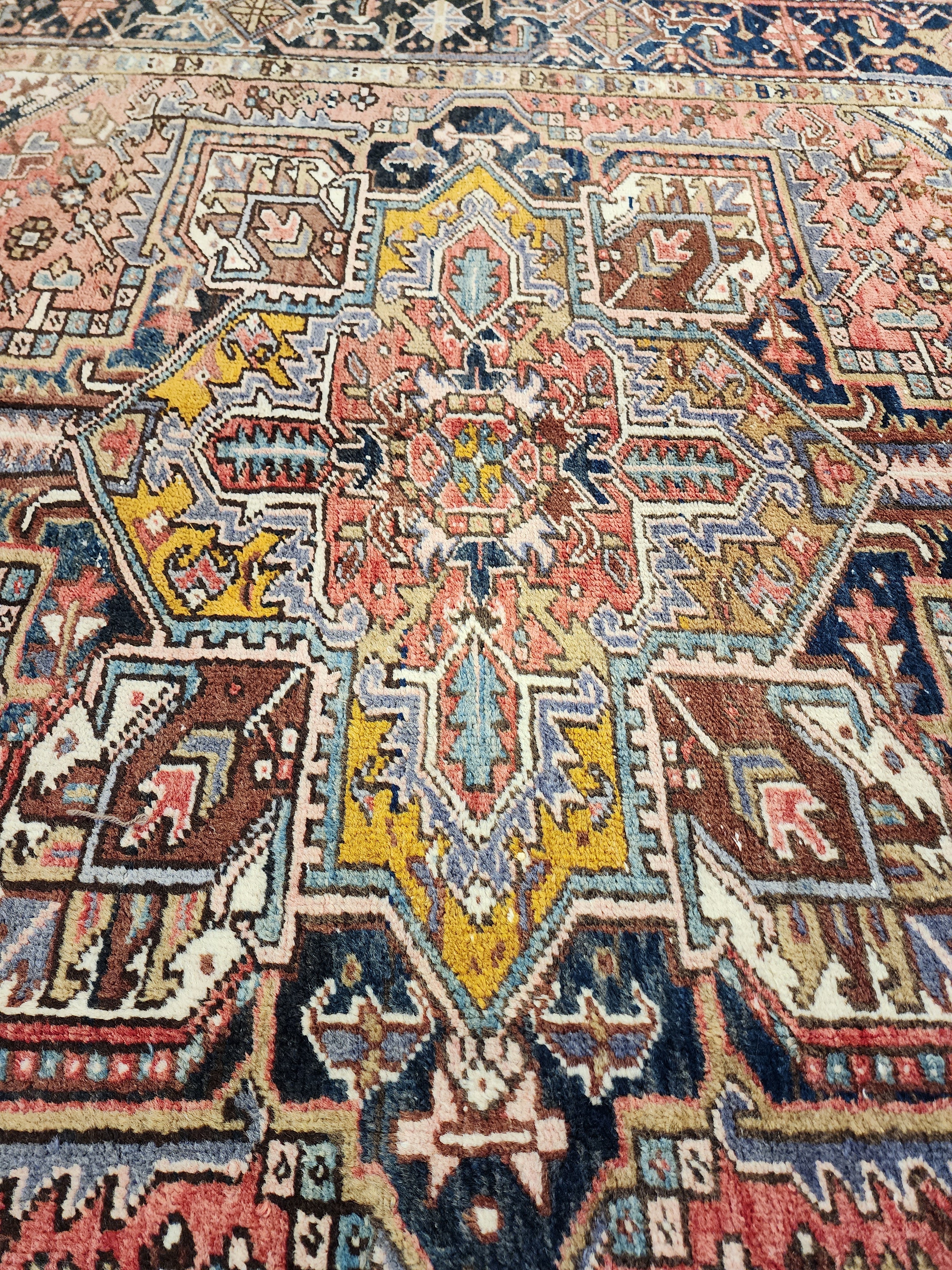 Vintage Persian Heriz Area Rug: Soft Red Oriental Design, 9'6'' x 6'9''