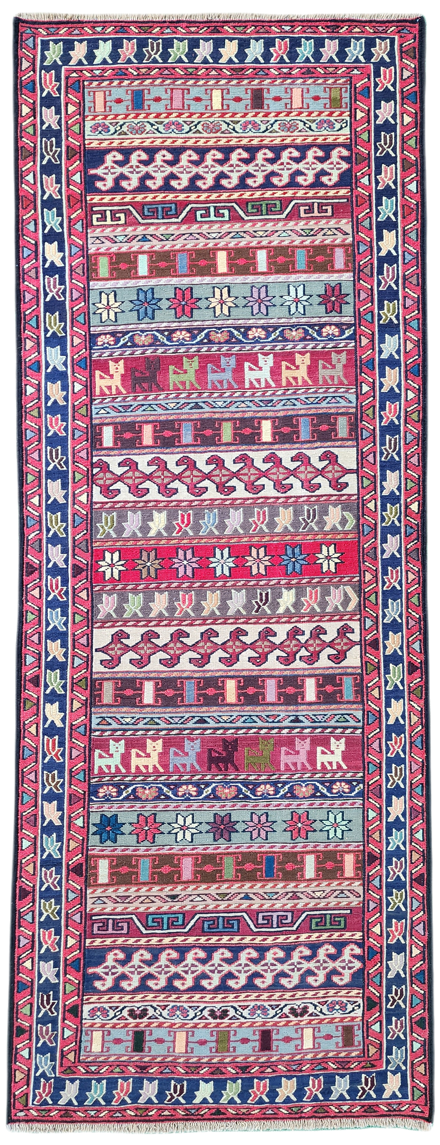 Red Blue and Brown Soumak Kilim Hallway Rug 6 x 2 ft Turkish Kilim Rug