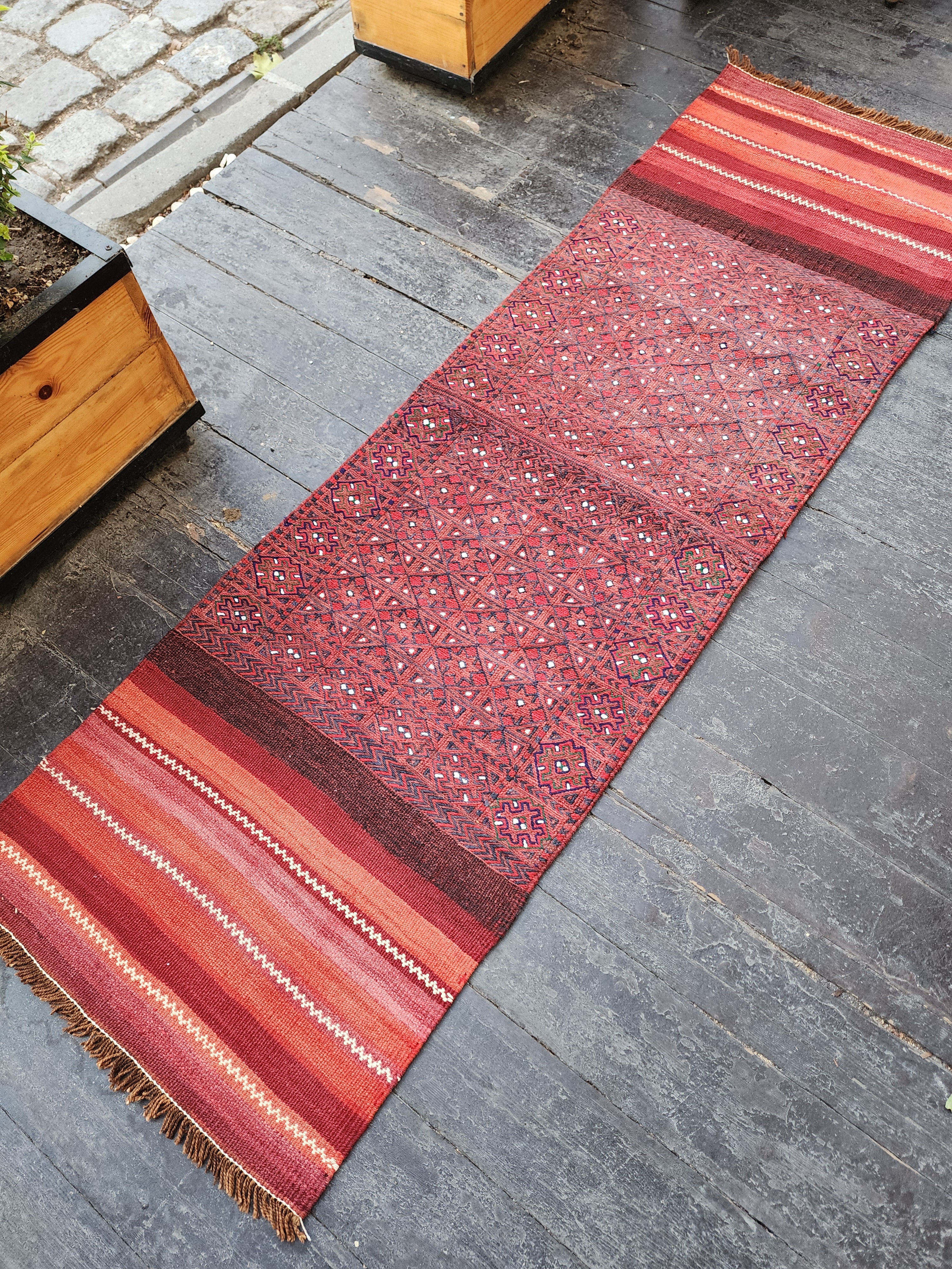 Vintage Kilim Runner Rug 7 x 3 ft Persian Handmade Natural Wool Rug. Boho Rustic Hallway Passage Rug, Embroidered Cicim Turkish Corridor Rug