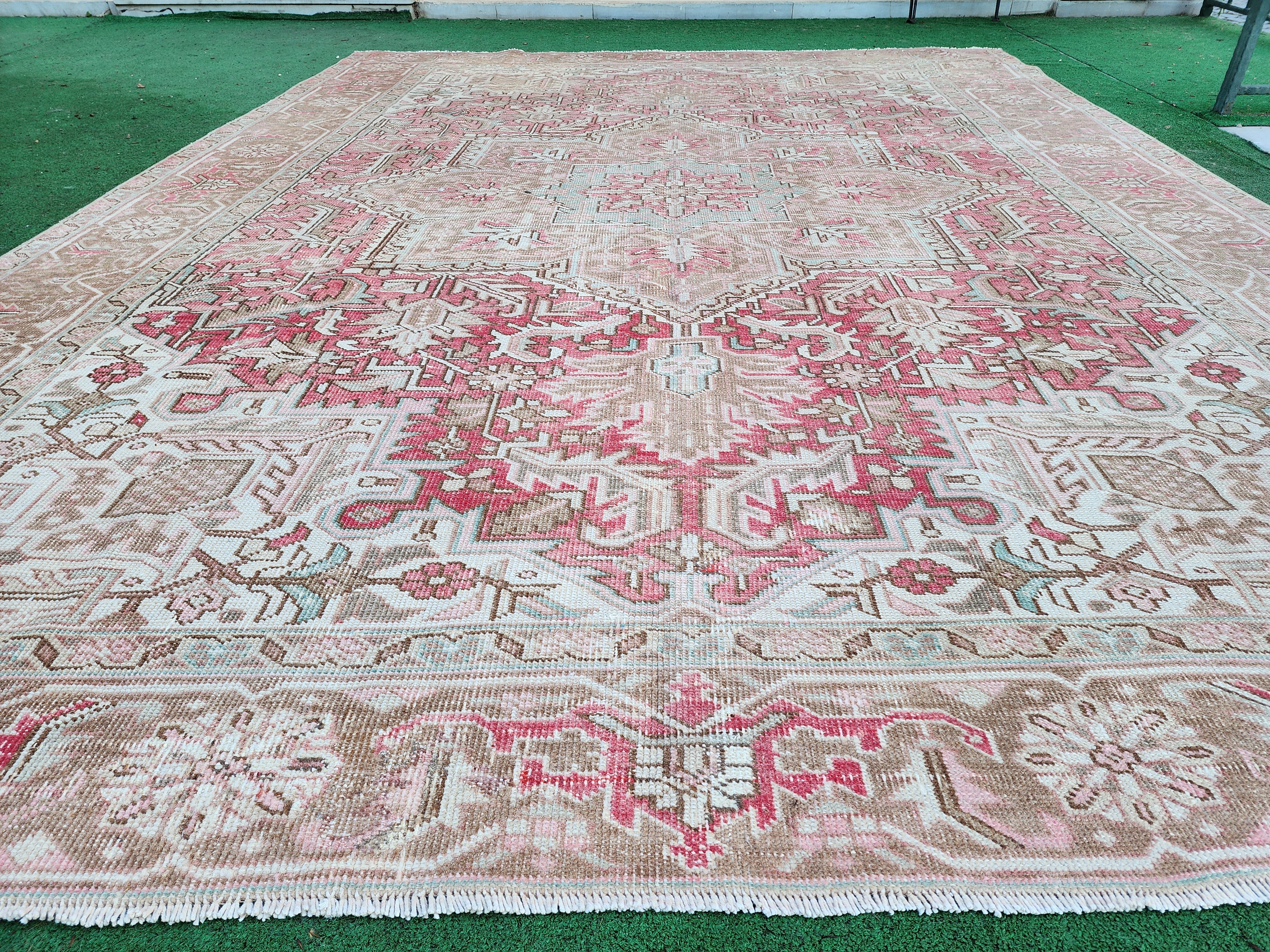 Hand-Knotted Heriz Rug with Bold Geometric Design, Authentic Persian Heriz Rug in Rich Earth Tones, 10'9''x8'1''