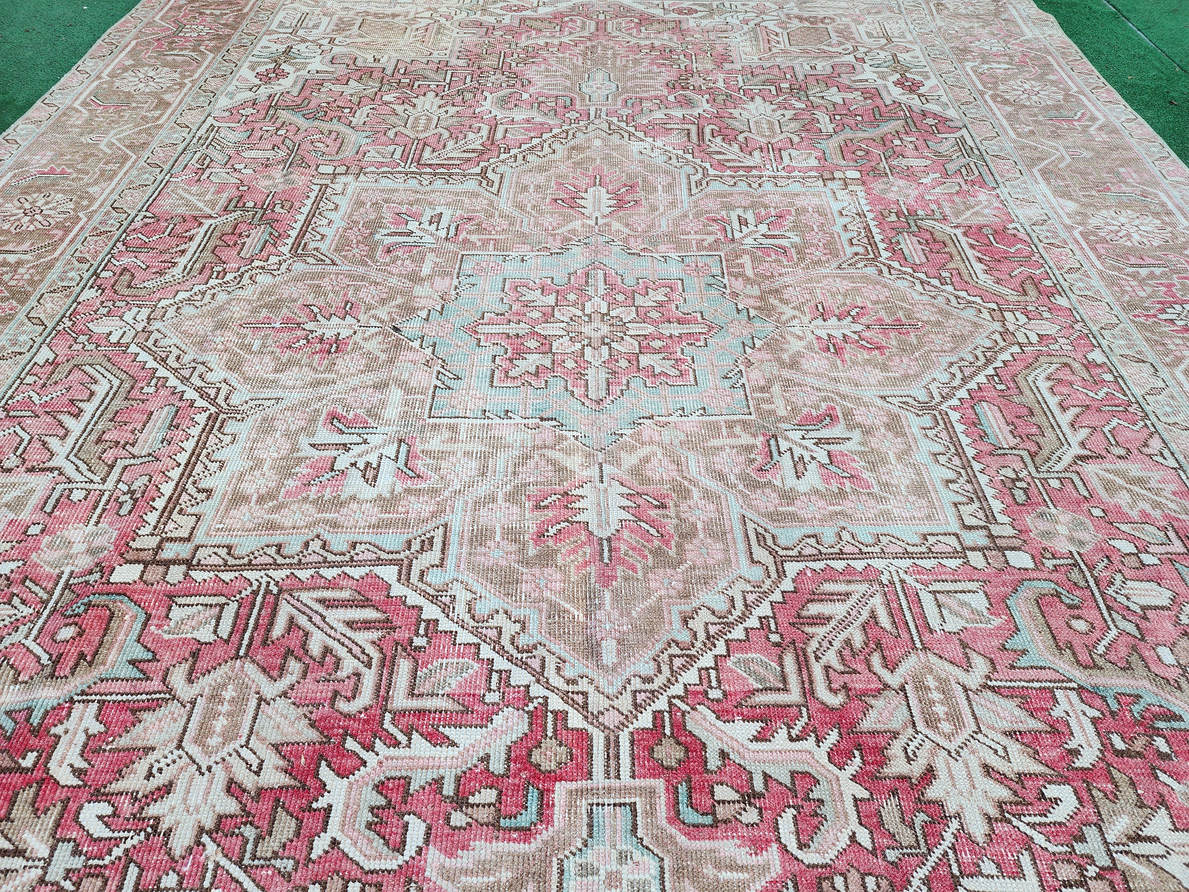 Hand-Knotted Heriz Rug with Bold Geometric Design, Authentic Persian Heriz Rug in Rich Earth Tones, 10'9''x8'1''