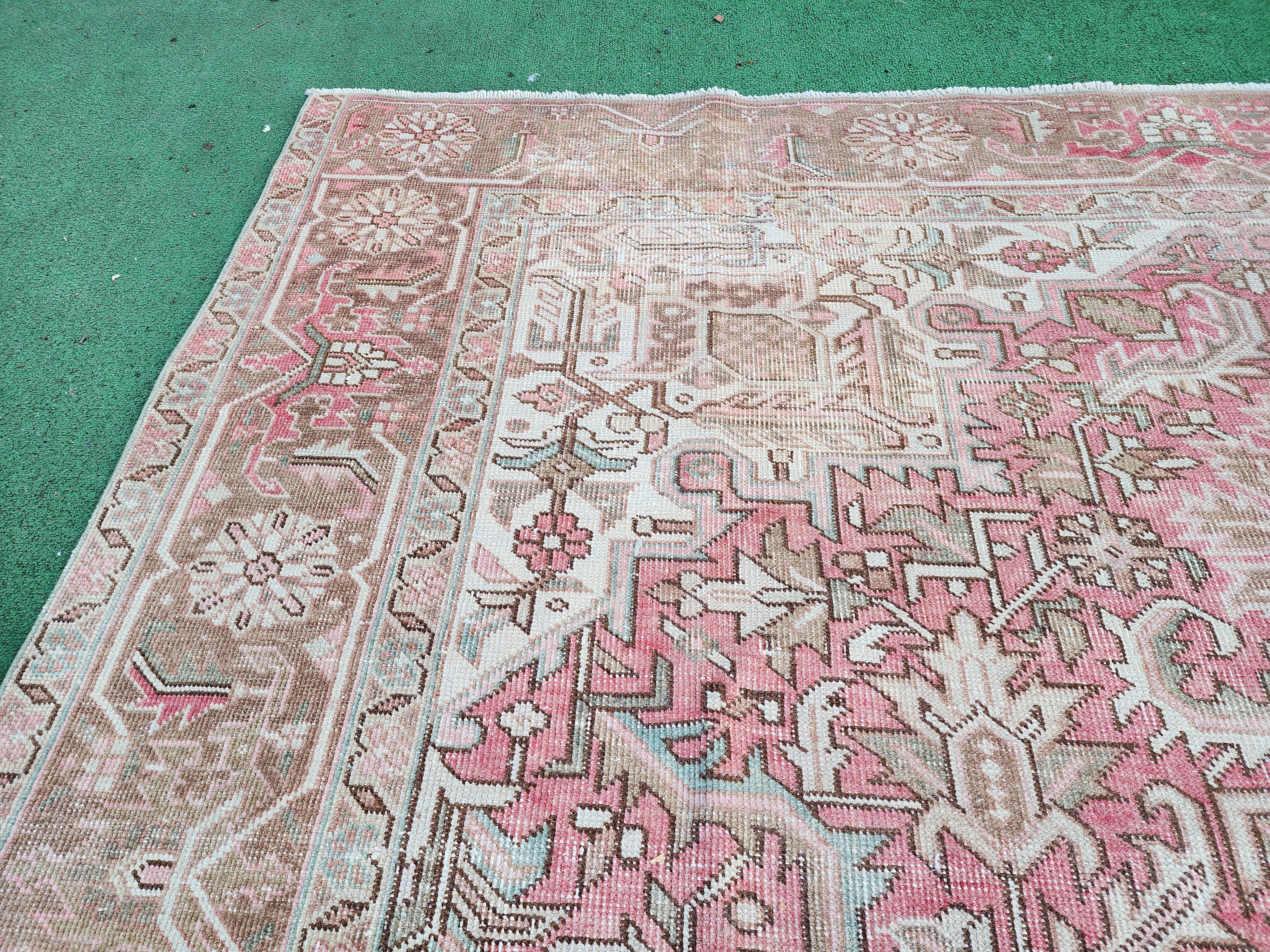 Hand-Knotted Heriz Rug with Bold Geometric Design, Authentic Persian Heriz Rug in Rich Earth Tones, 10'9''x8'1''