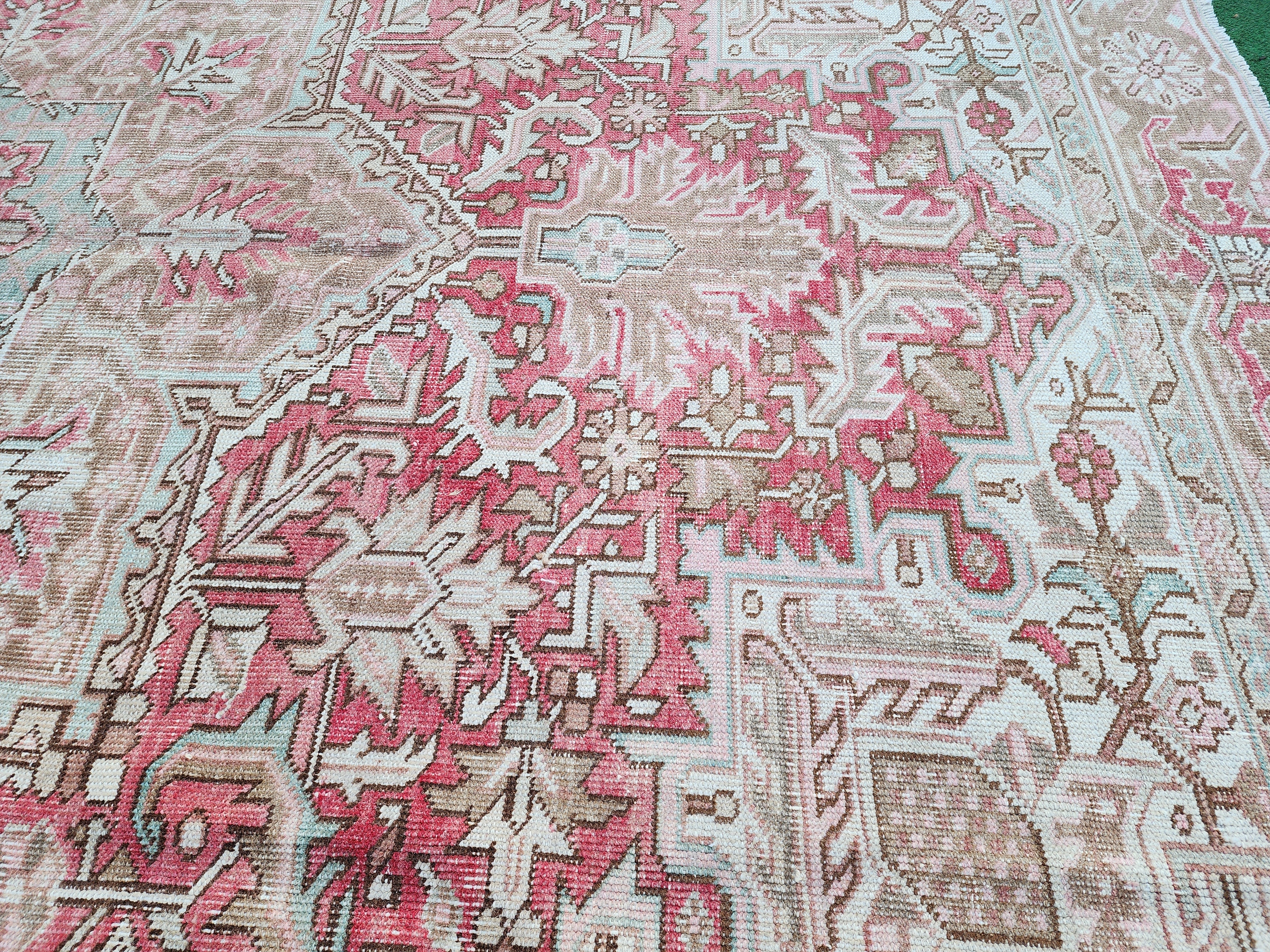 Hand-Knotted Heriz Rug with Bold Geometric Design, Authentic Persian Heriz Rug in Rich Earth Tones, 10'9''x8'1''