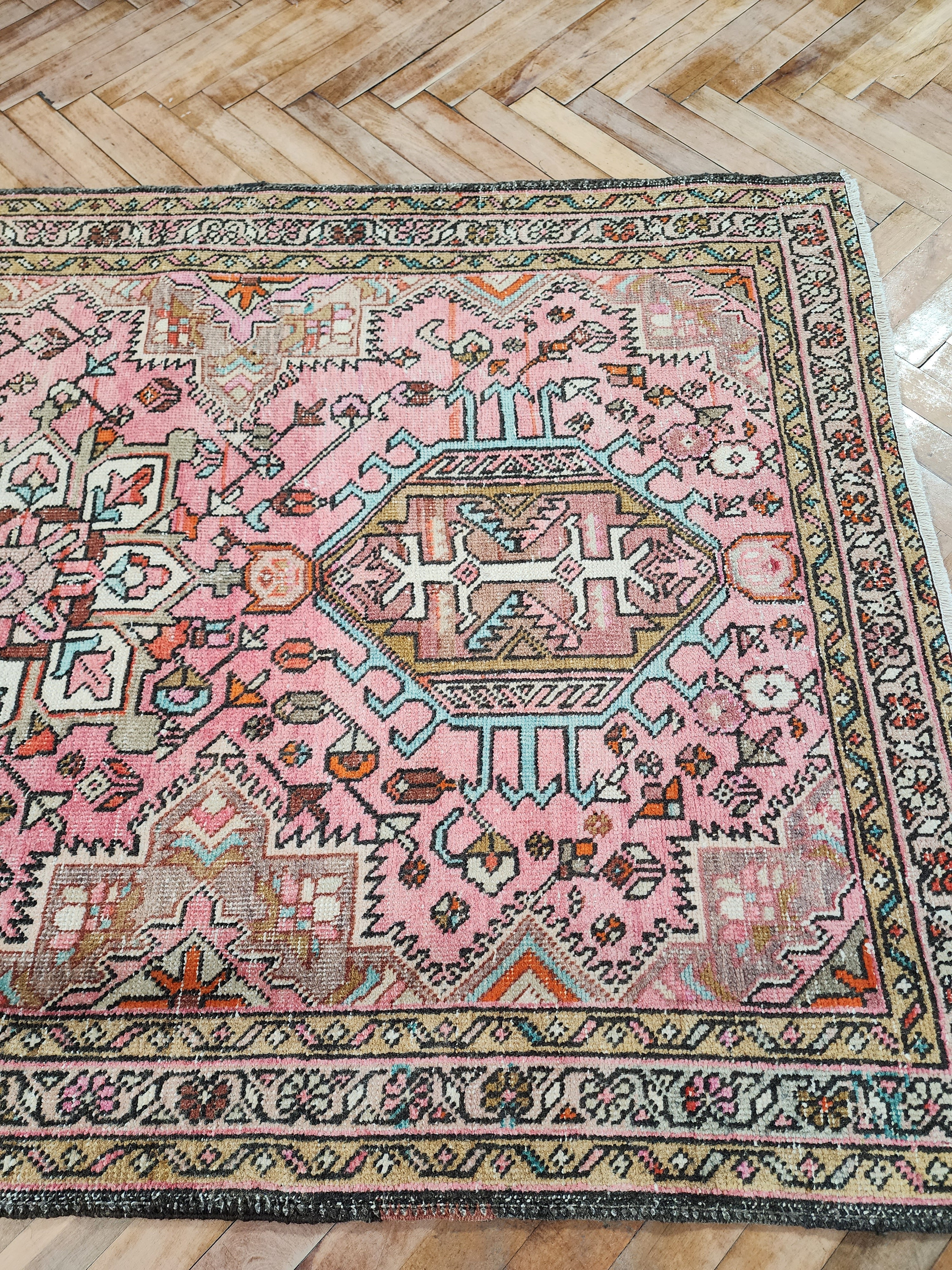 Tapis de couloir turc rose et marron Oushak 9 x 3, tapis ancien vieilli pâle surteint, tapis vintage en laine naturelle recyclée fait à la main