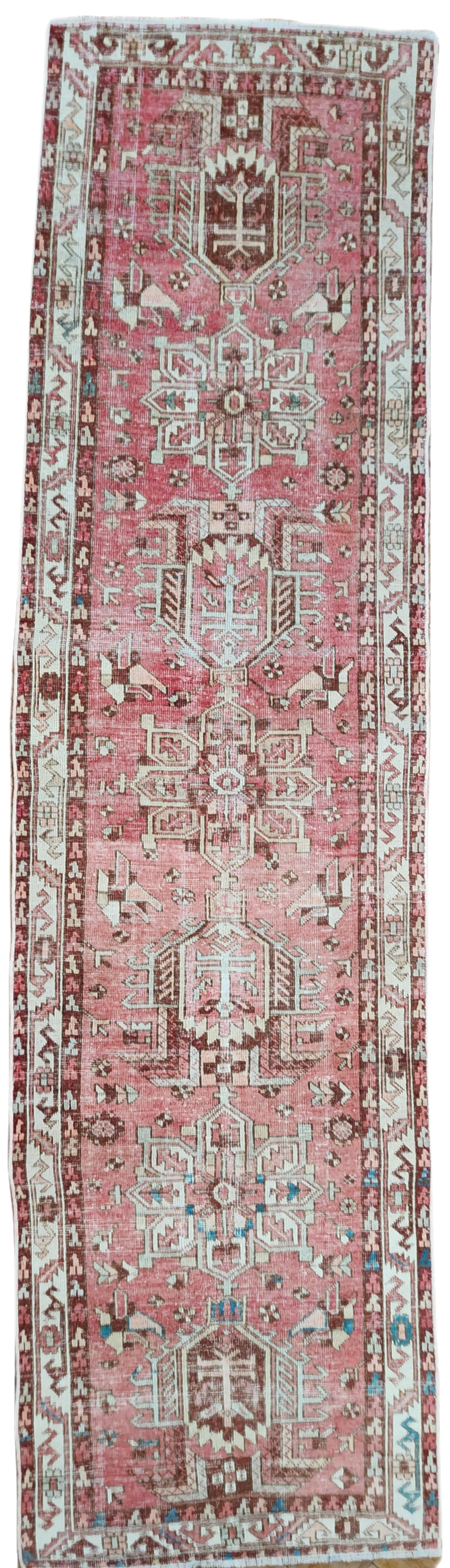 Tapis de couloir en laine naturelle rose et beige, style tribal turc, style persan, bohème, rustique, vintage, tapis berbère recyclé Herke 12'6"x 3'4"