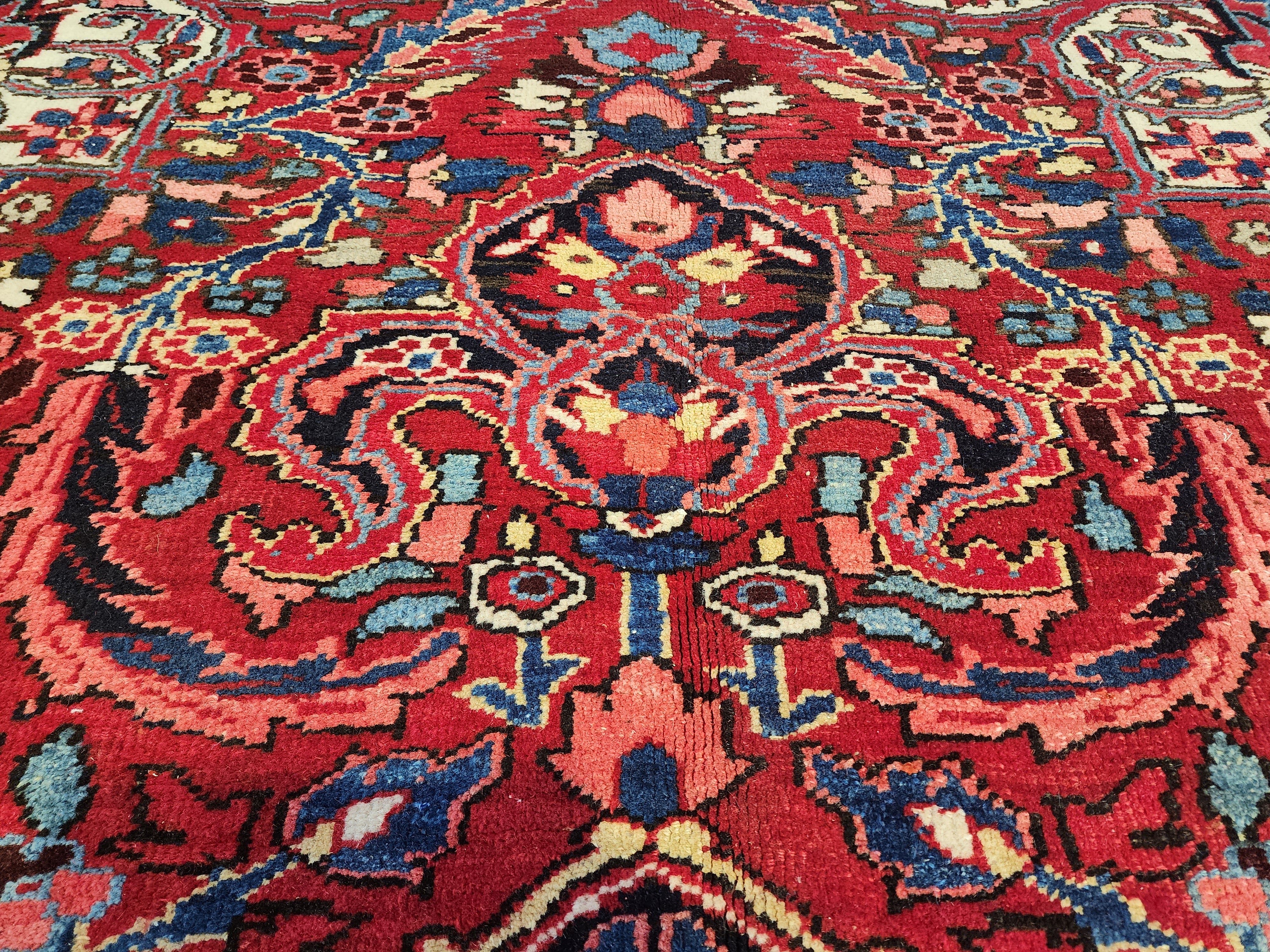 Extra Large Vintage Rug: 9x12 Red, Blue, and White Wool Rug