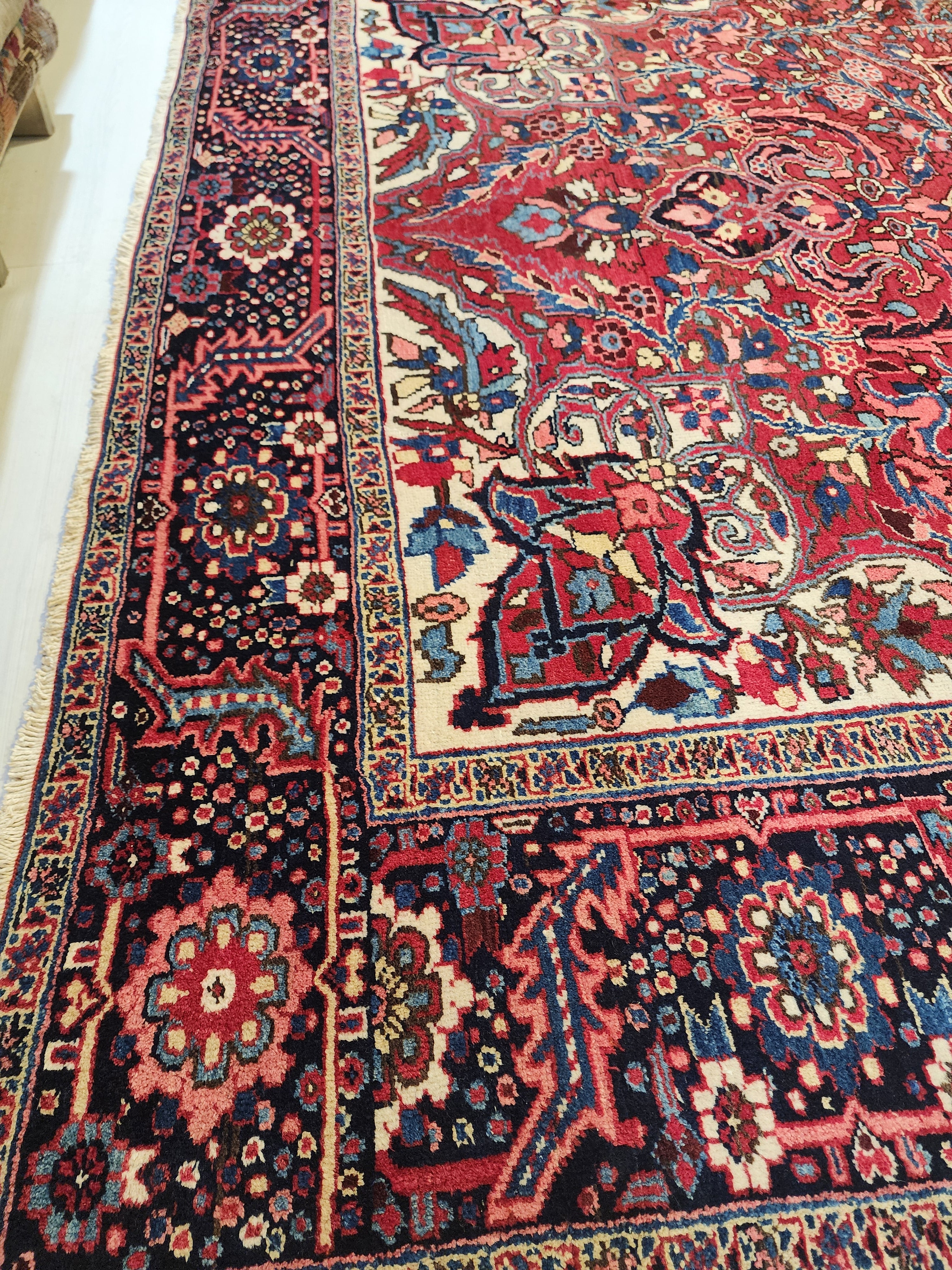 Extra Large Vintage Rug: 9x12 Red, Blue, and White Wool Rug