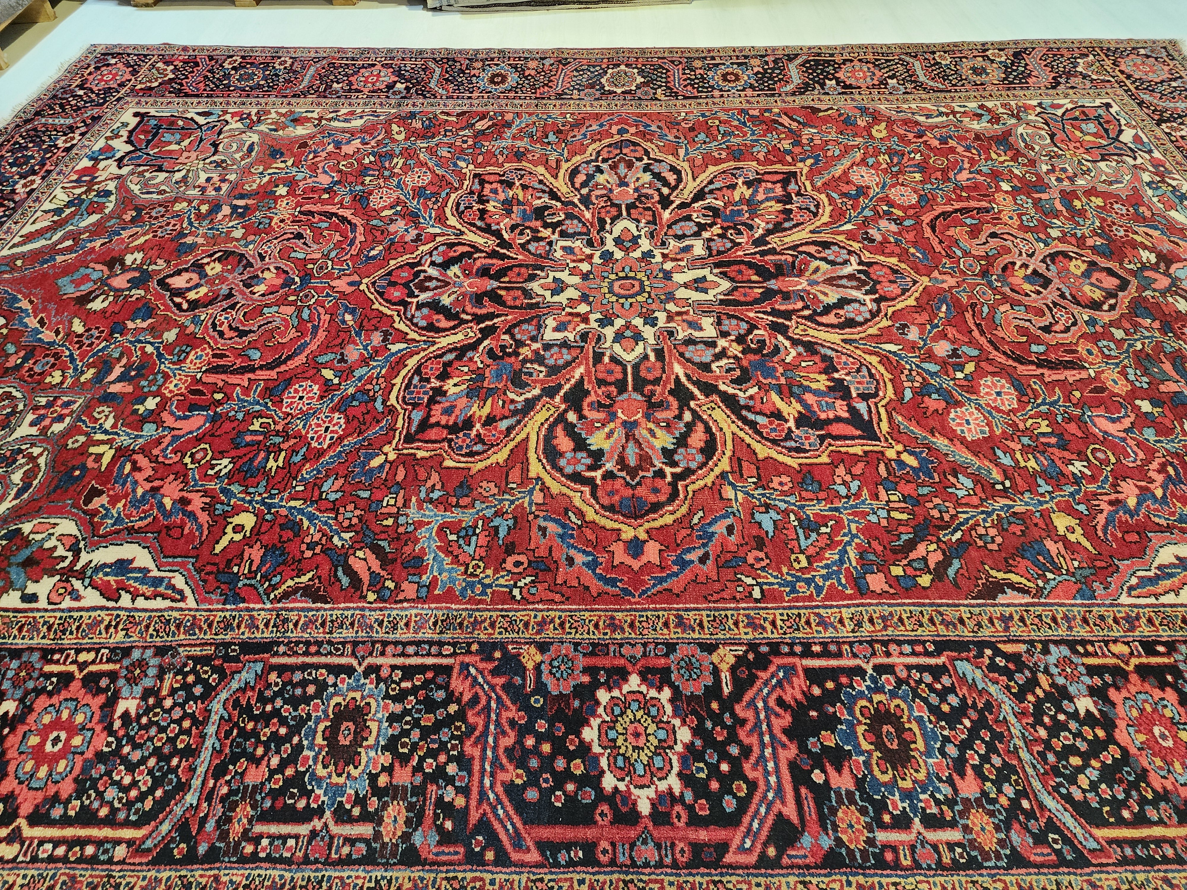 Extra Large Vintage Rug: 9x12 Red, Blue, and White Wool Rug