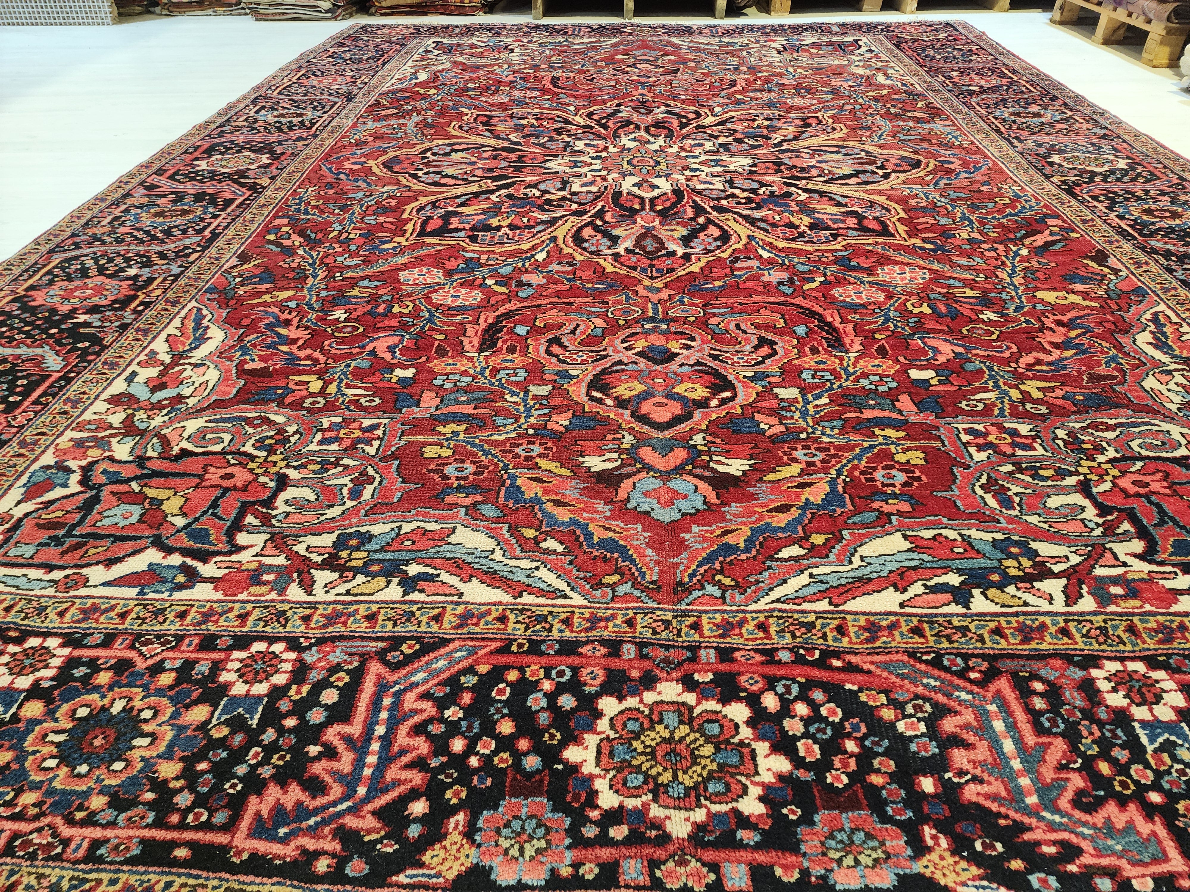 Extra Large Vintage Rug: 9x12 Red, Blue, and White Wool Rug