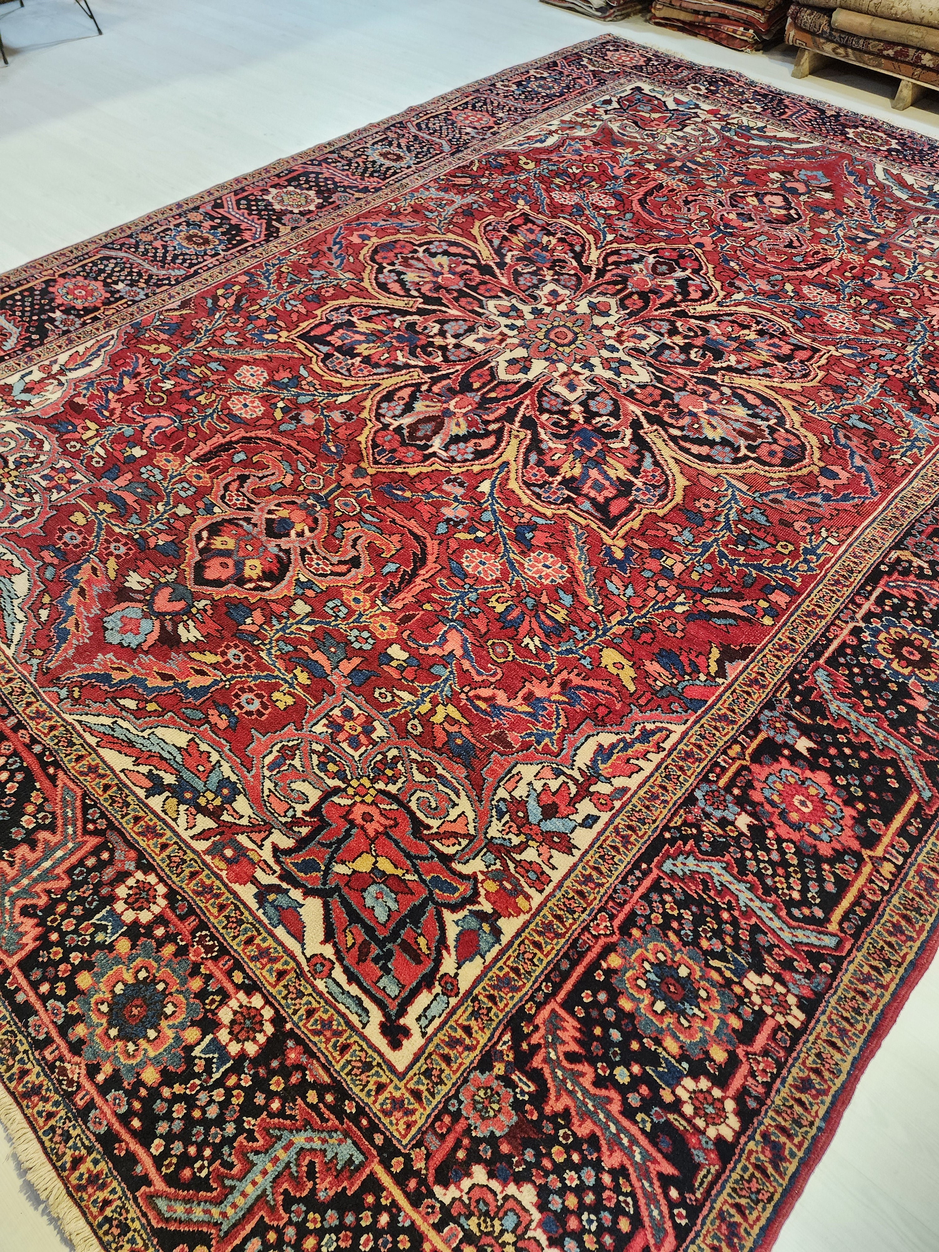 Extra Large Vintage Rug: 9x12 Red, Blue, and White Wool Rug