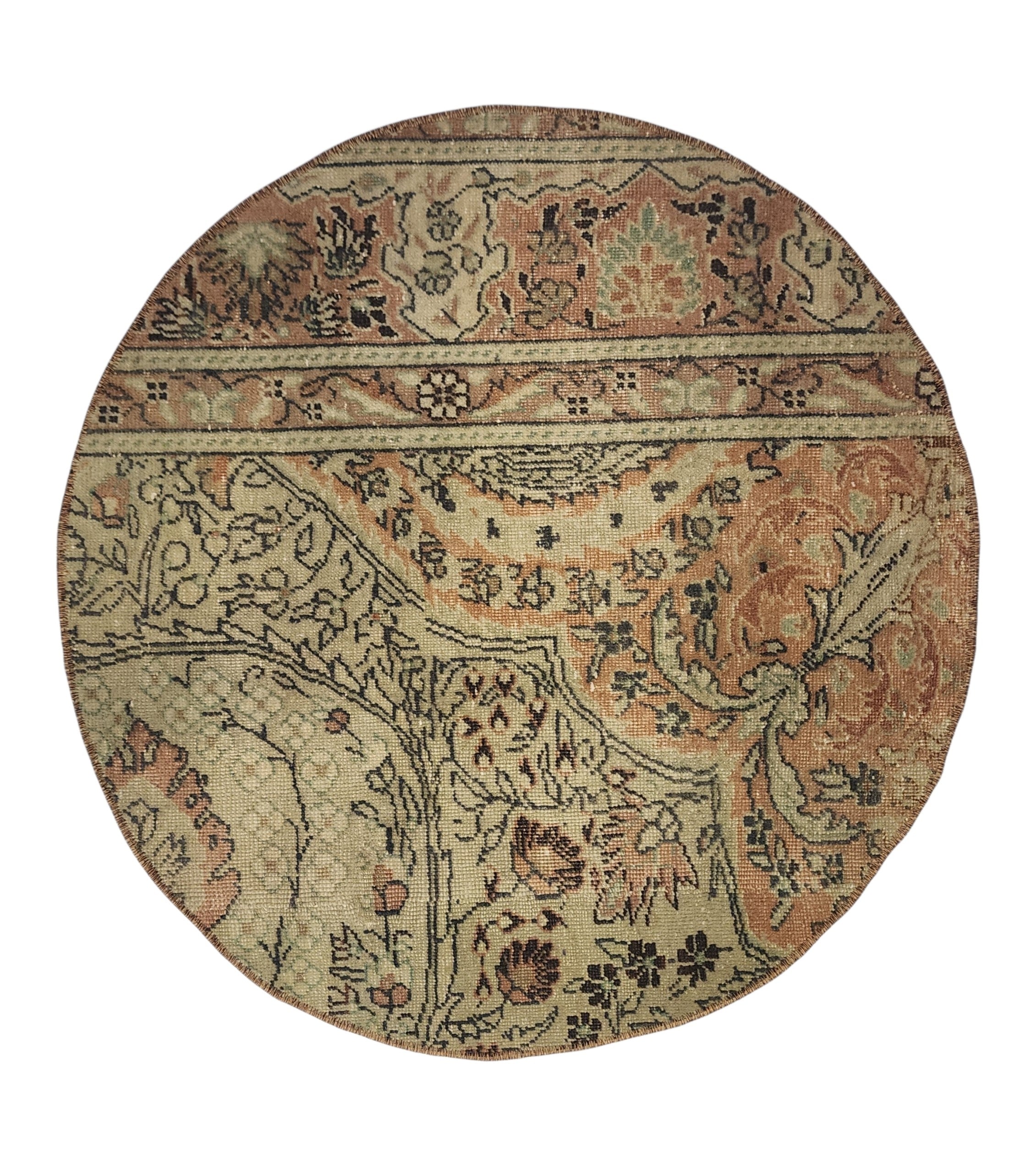 Handmade Turkish Patchwork Rug, Muted Sage Green Terracotta Boho Circle Mat