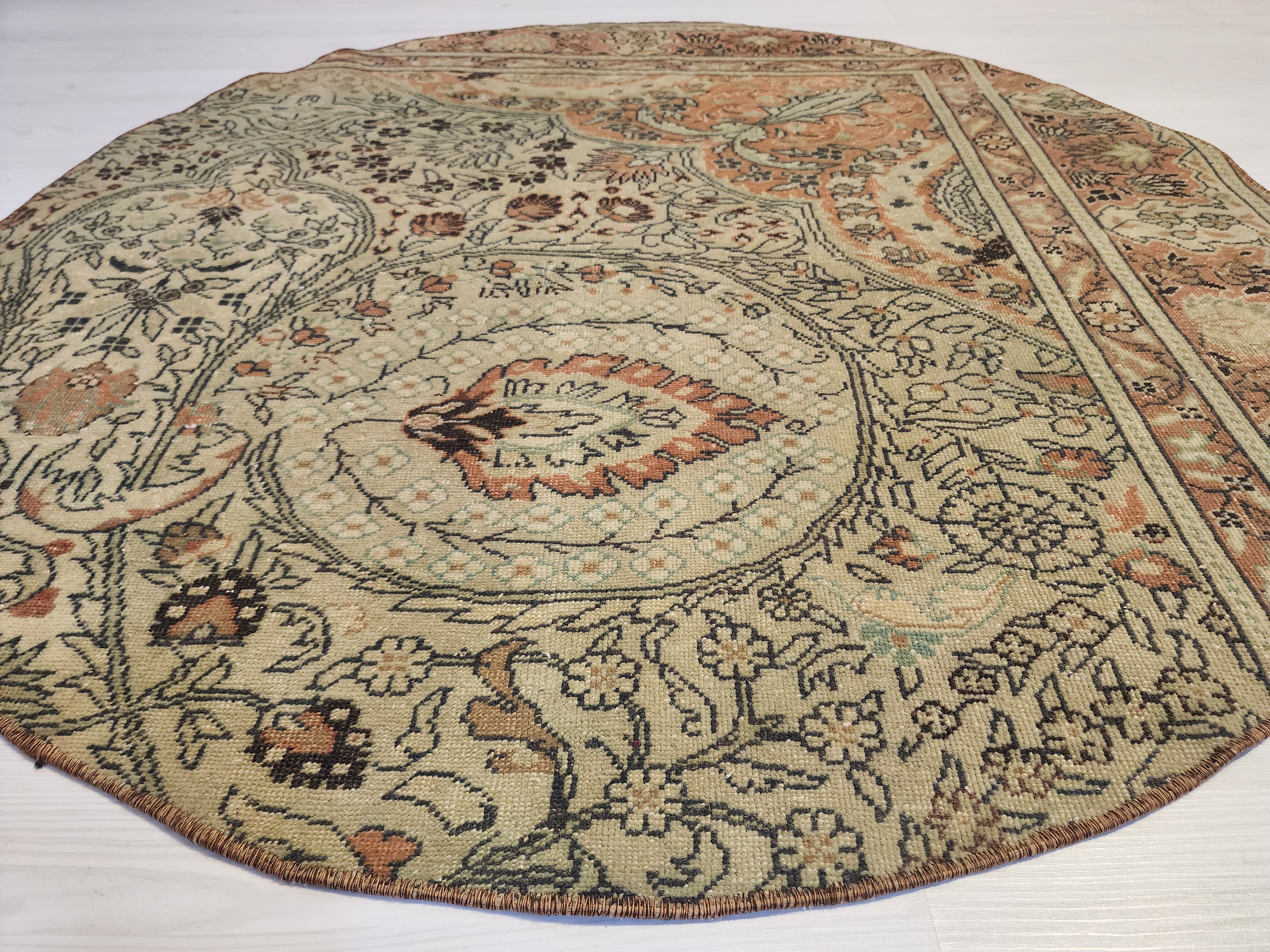 Vintage Turkish Round Rug, Muted Terracotta Sage Boho Accent Carpet