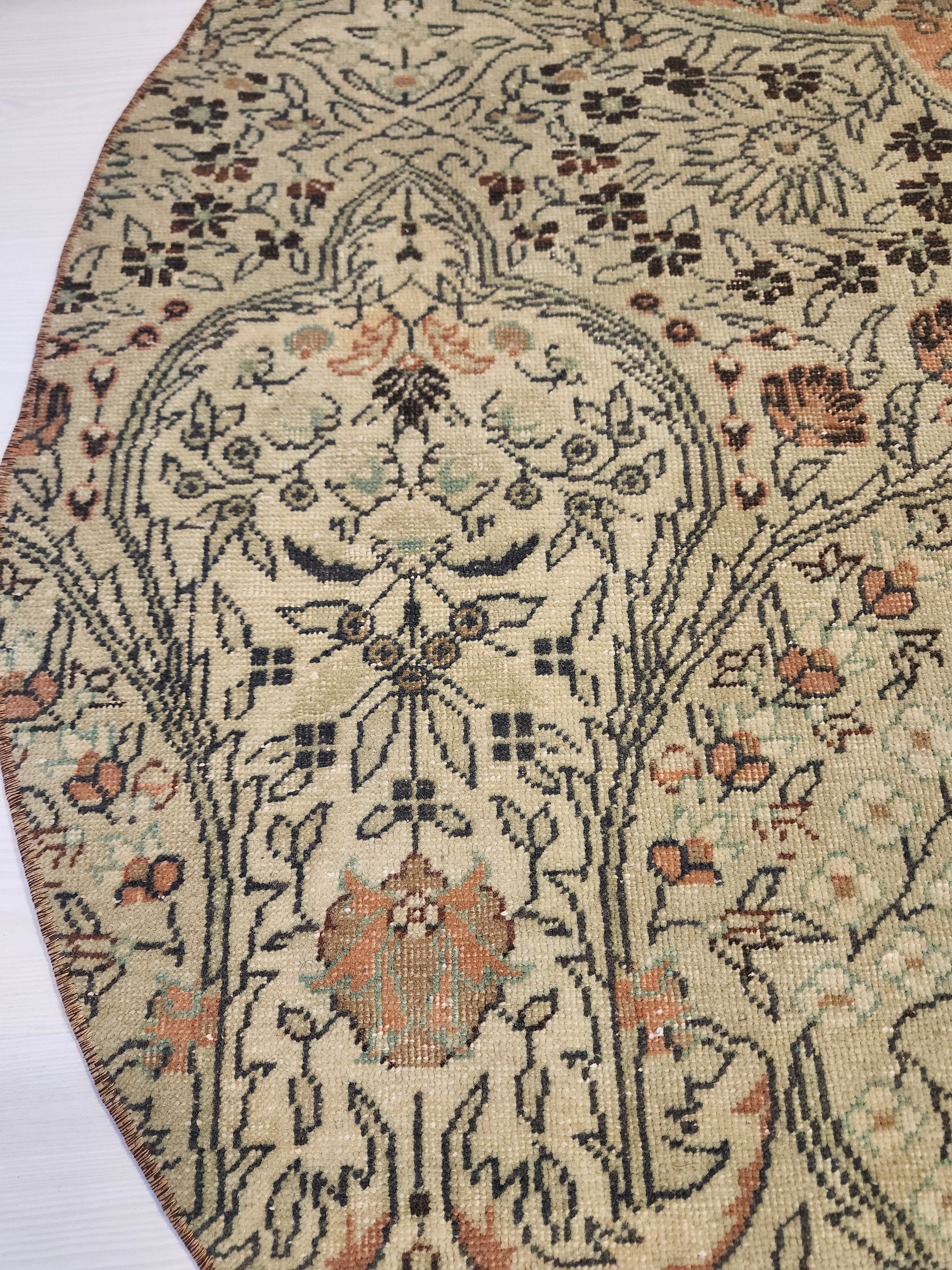 Vintage Turkish Round Rug, Muted Terracotta Sage Boho Accent Carpet
