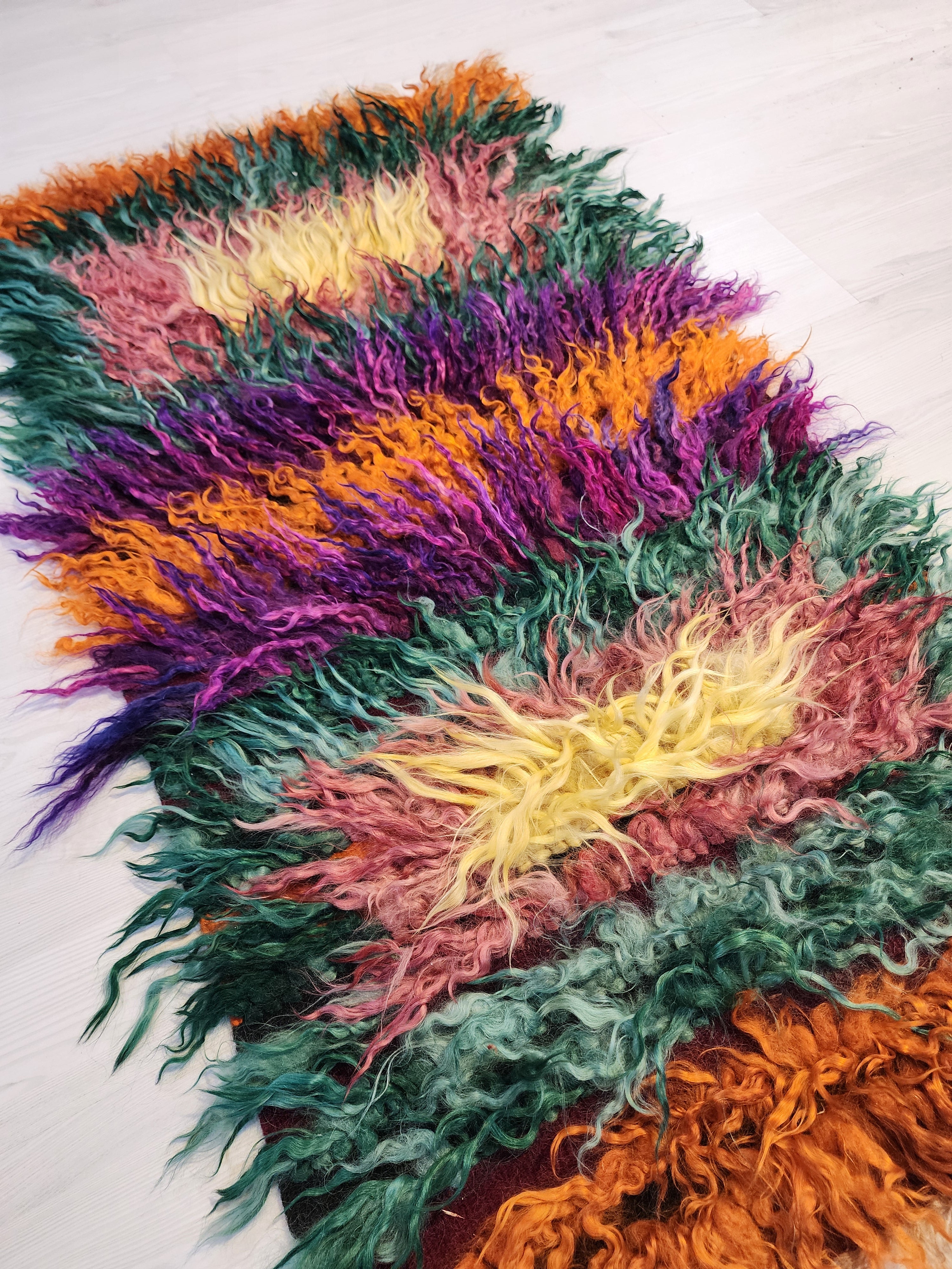 Cyane — Turkish Tulu Rug: 4'4''x2'4'' Shaggy Wool Flokati, Green Orange and Purple