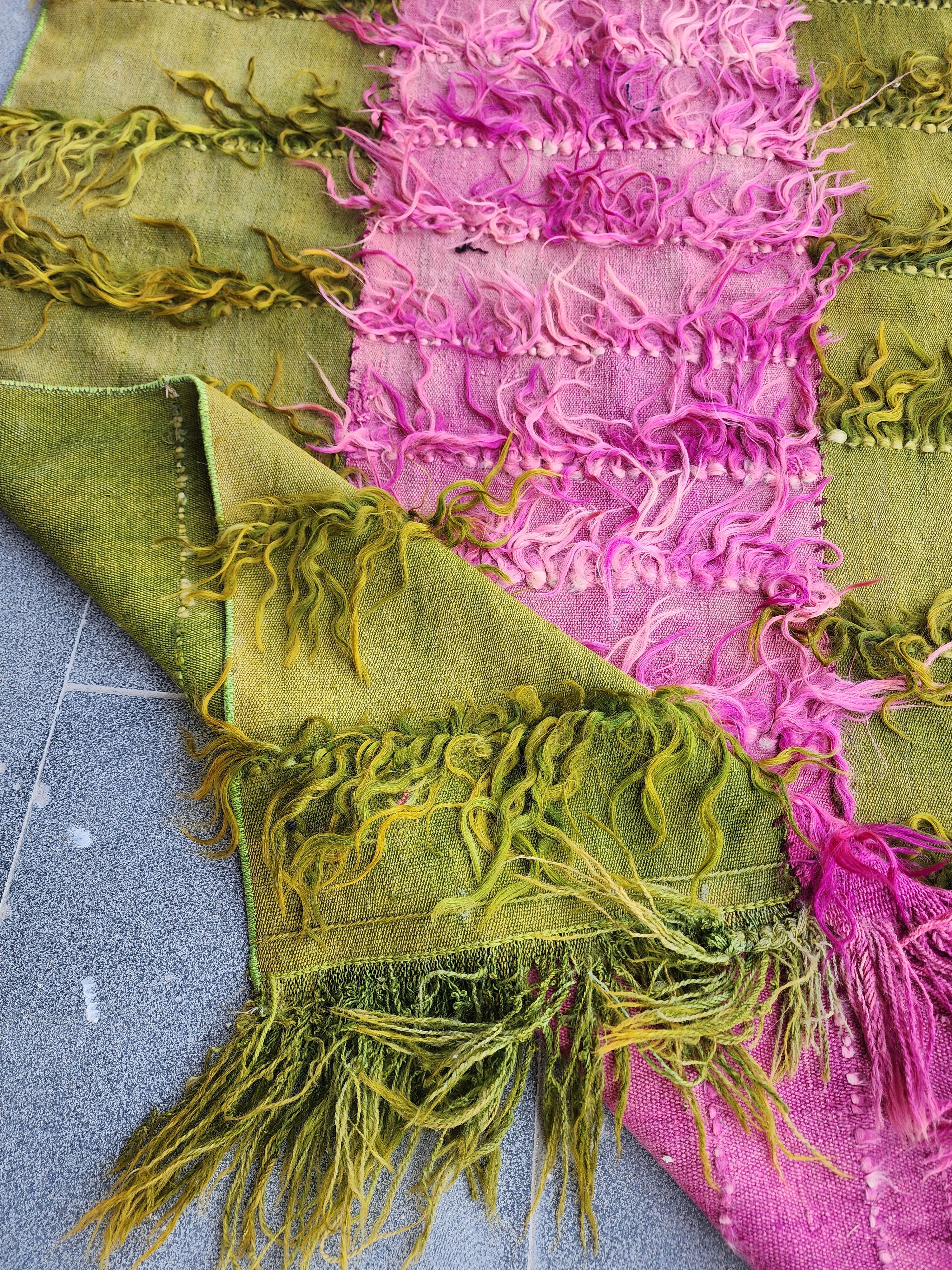 Turkish Filikli Tulu Rug: Green & Purple Shaggy Kilim, 5x3 ft