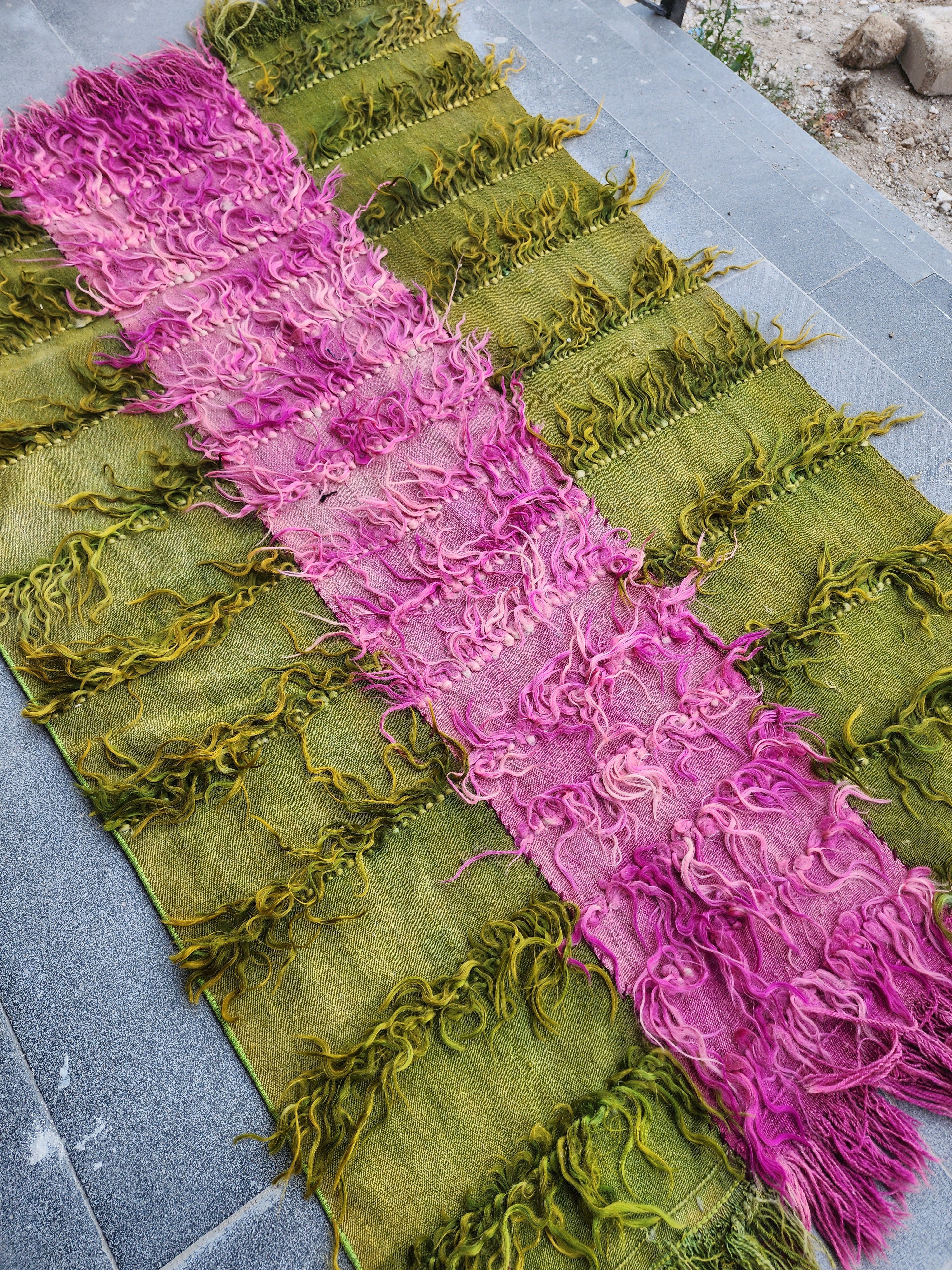 Turkish Filikli Tulu Rug: Green & Purple Shaggy Kilim, 5x3 ft