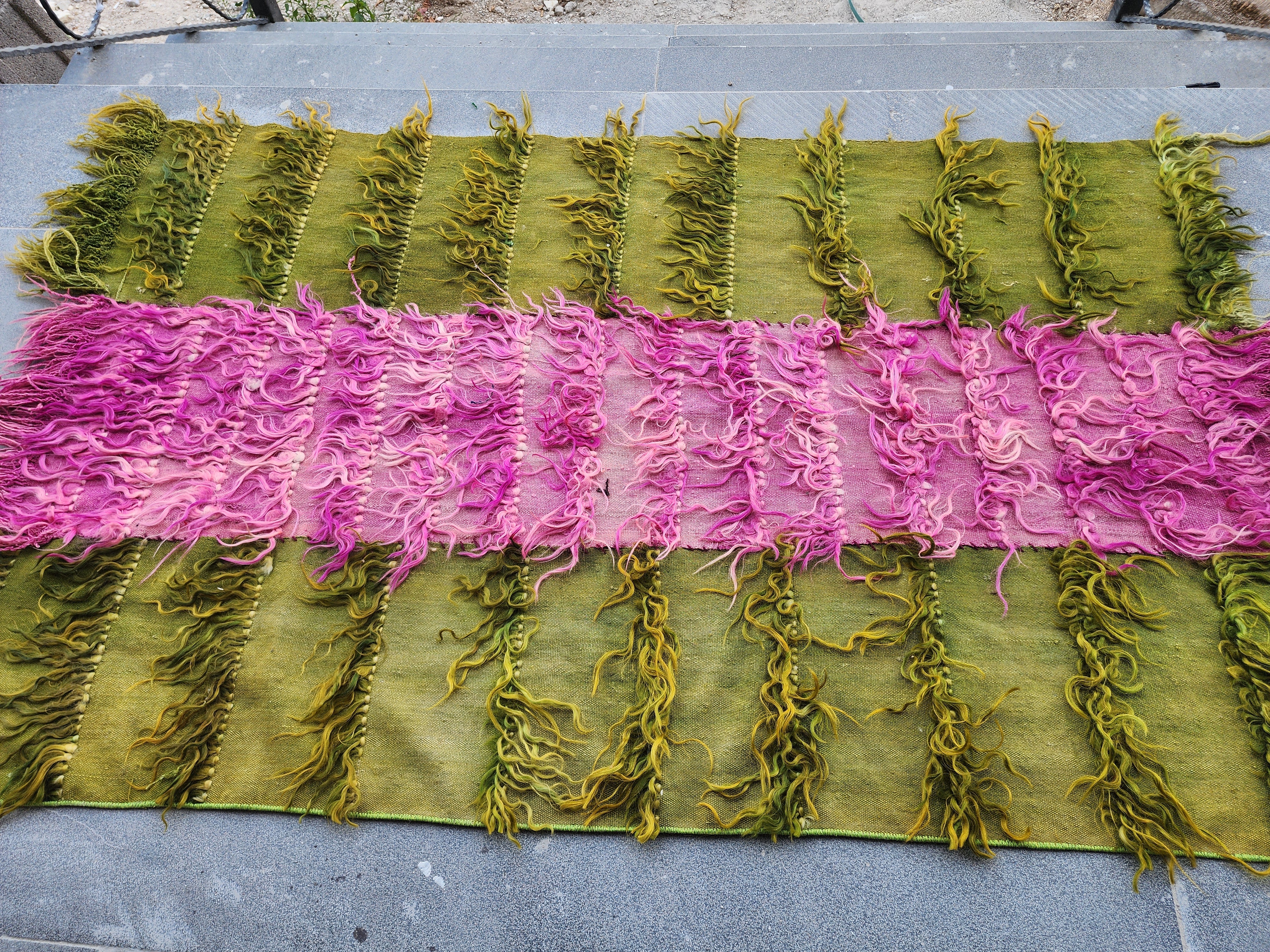 Turkish Filikli Tulu Rug: Green & Purple Shaggy Kilim, 5x3 ft