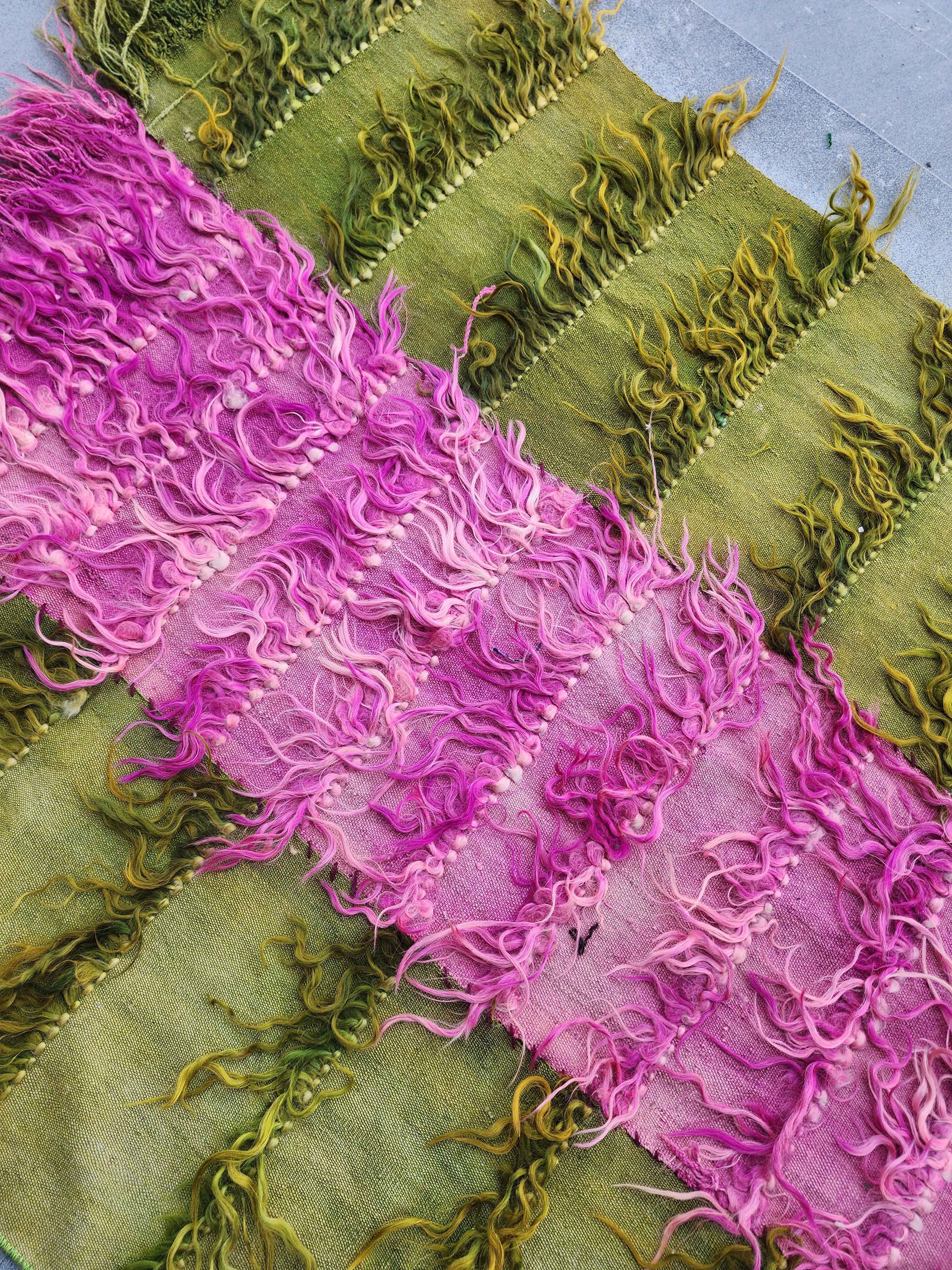 Turkish Filikli Tulu Rug: Green & Purple Shaggy Kilim, 5x3 ft