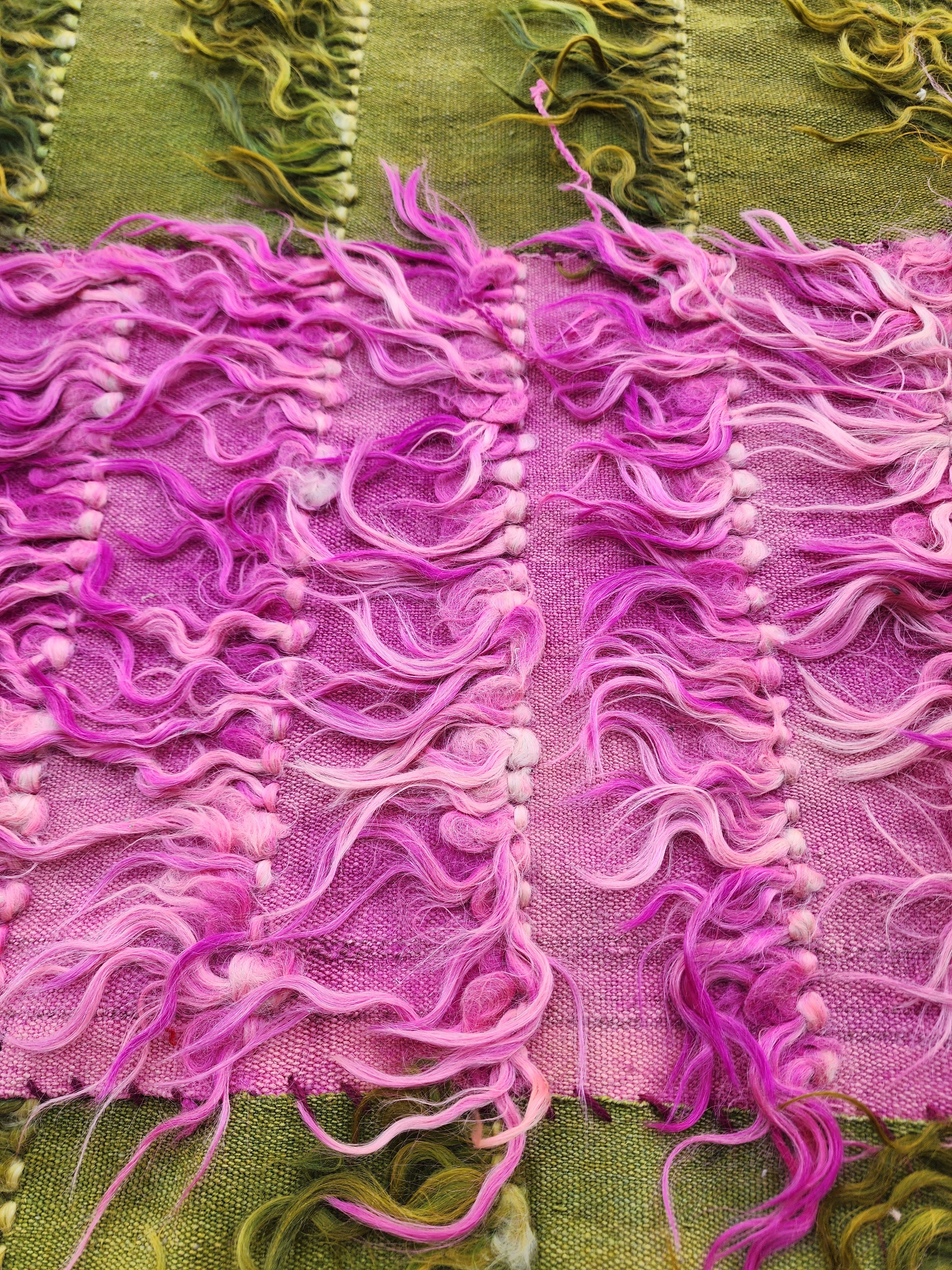 Turkish Filikli Tulu Rug: Green & Purple Shaggy Kilim, 5x3 ft