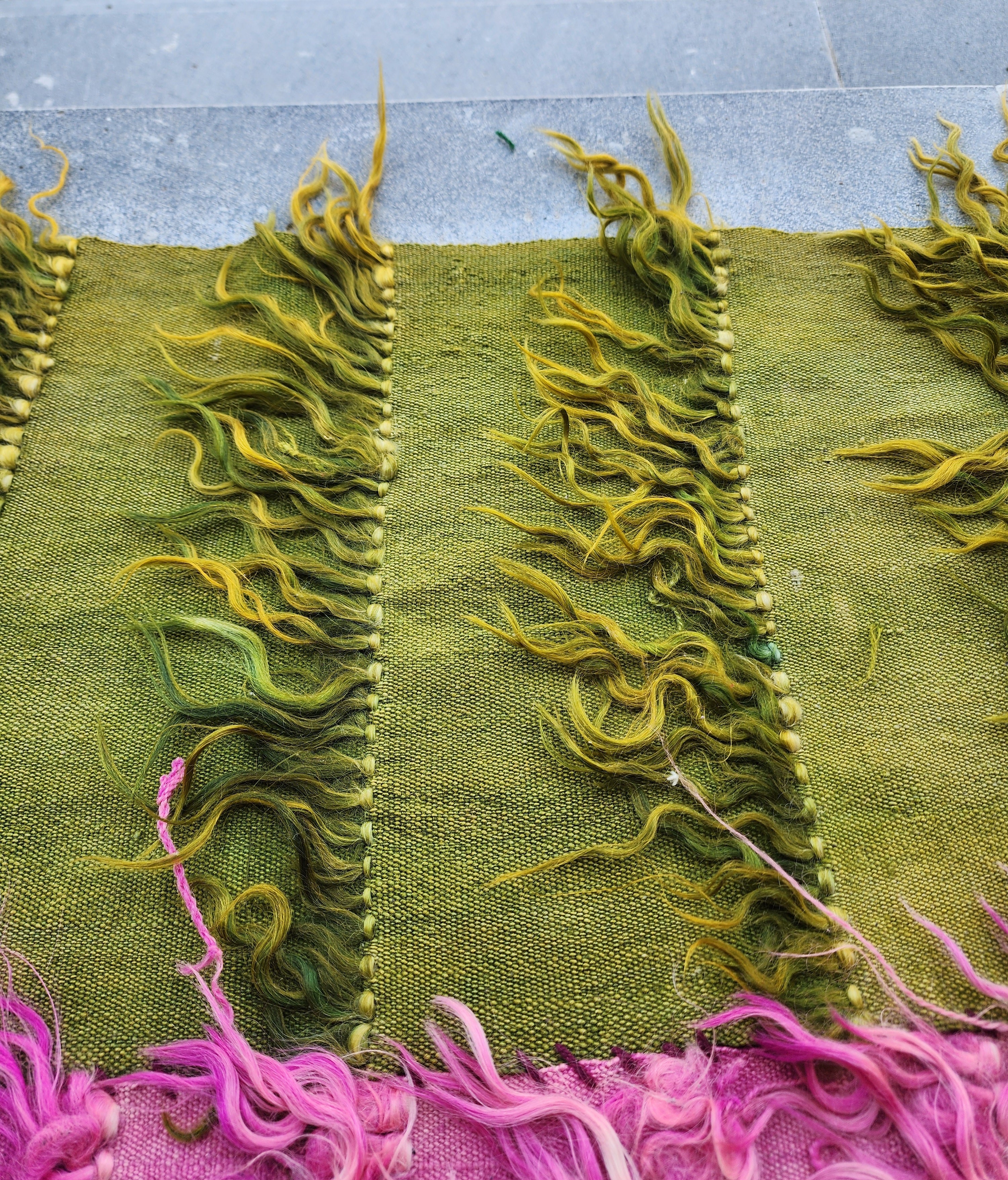 Turkish Filikli Tulu Rug: Green & Purple Shaggy Kilim, 5x3 ft