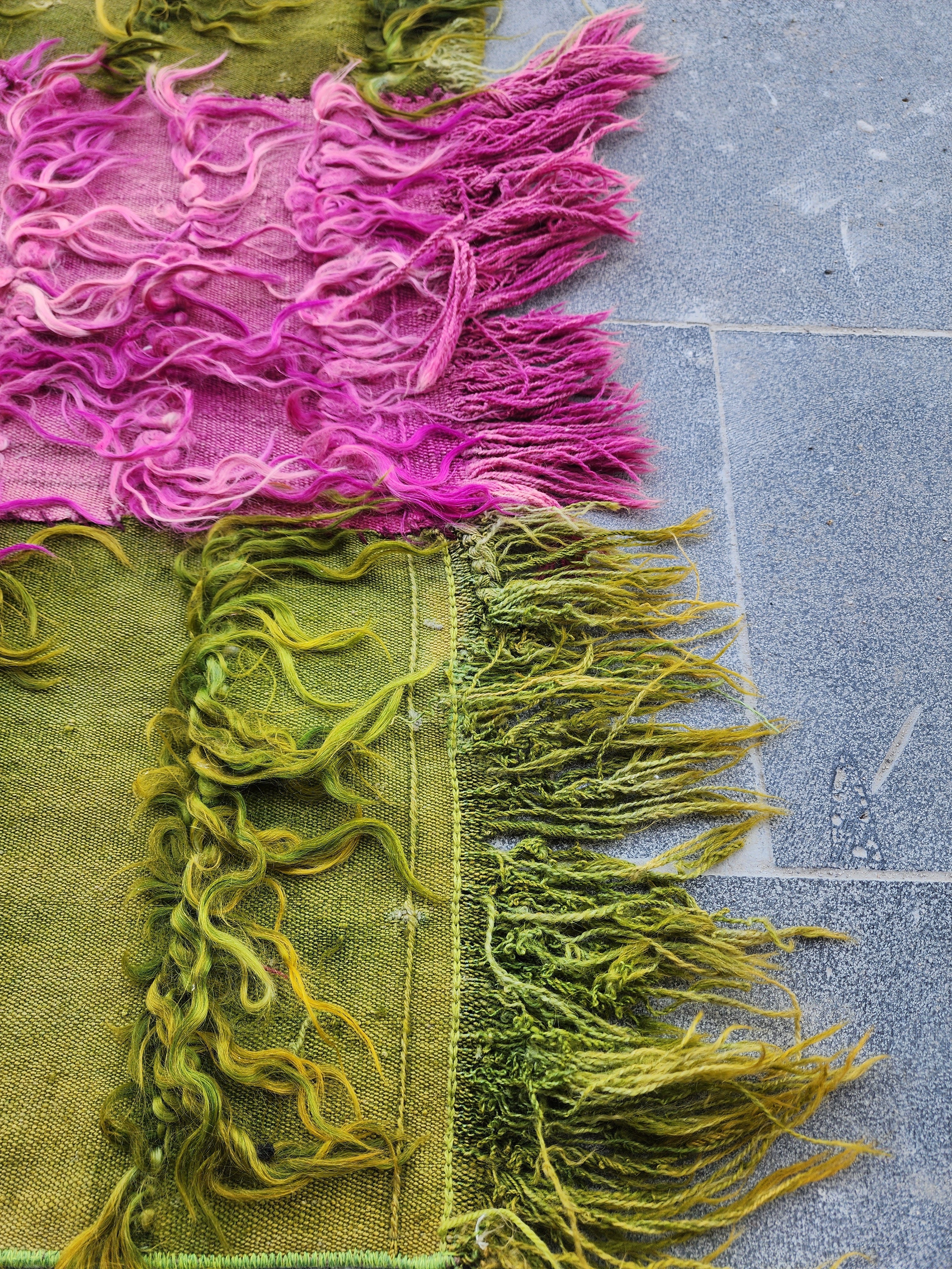 Turkish Filikli Tulu Rug: Green & Purple Shaggy Kilim, 5x3 ft