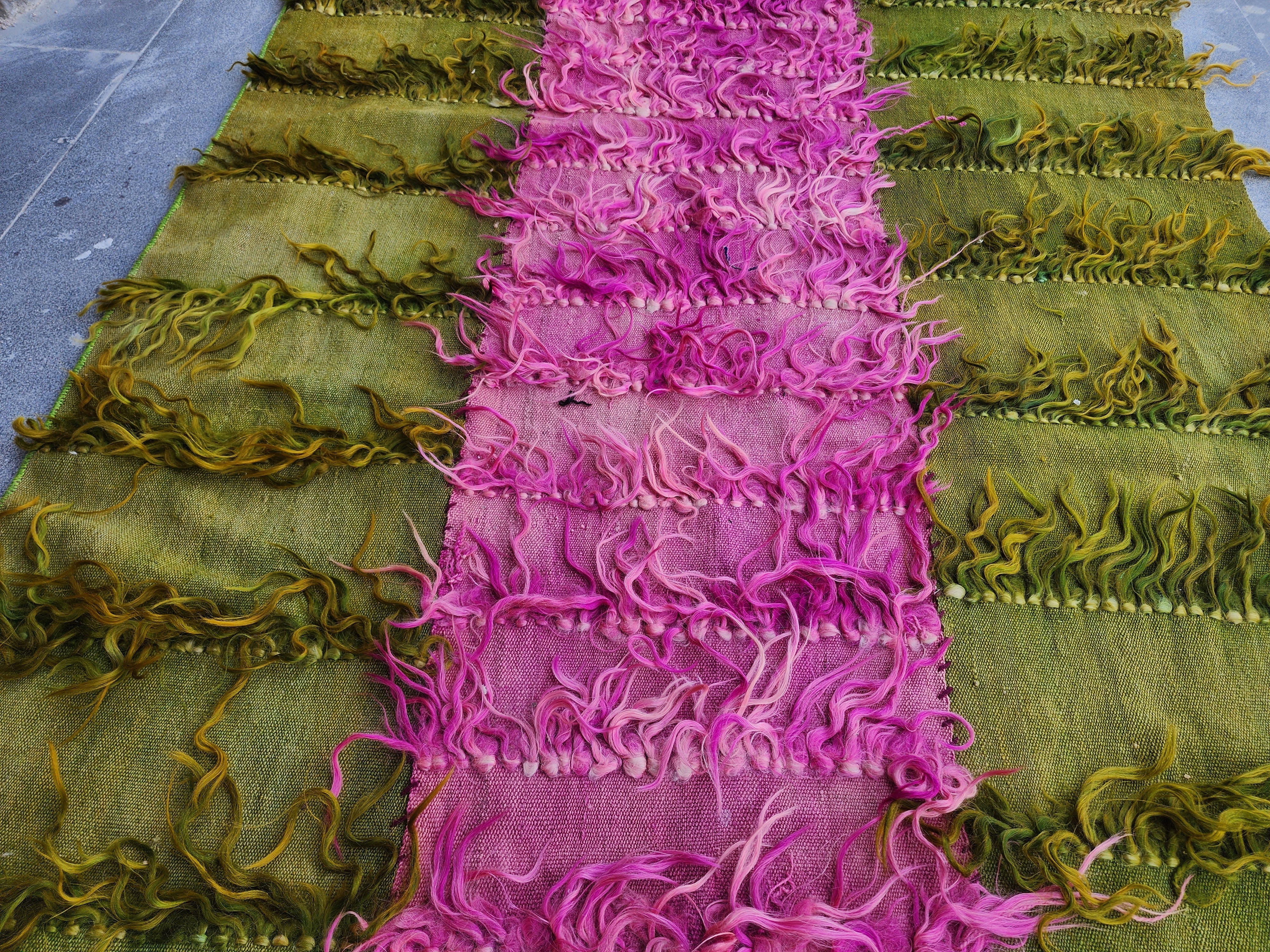 Turkish Filikli Tulu Rug: Green & Purple Shaggy Kilim, 5x3 ft