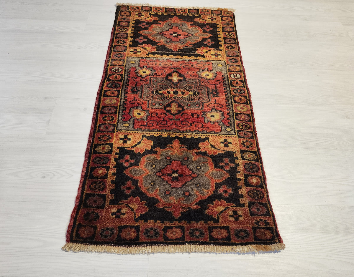 Matrona — Vintage Sivas Turkish Rug, Hand-Knotted Wool Anatolian Runner, Red Grey Black Medallion Entryway Mat