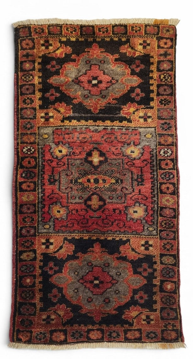 Matrona — Vintage Sivas Turkish Rug, Hand-Knotted Wool Anatolian Runner, Red Grey Black Medallion Entryway Mat