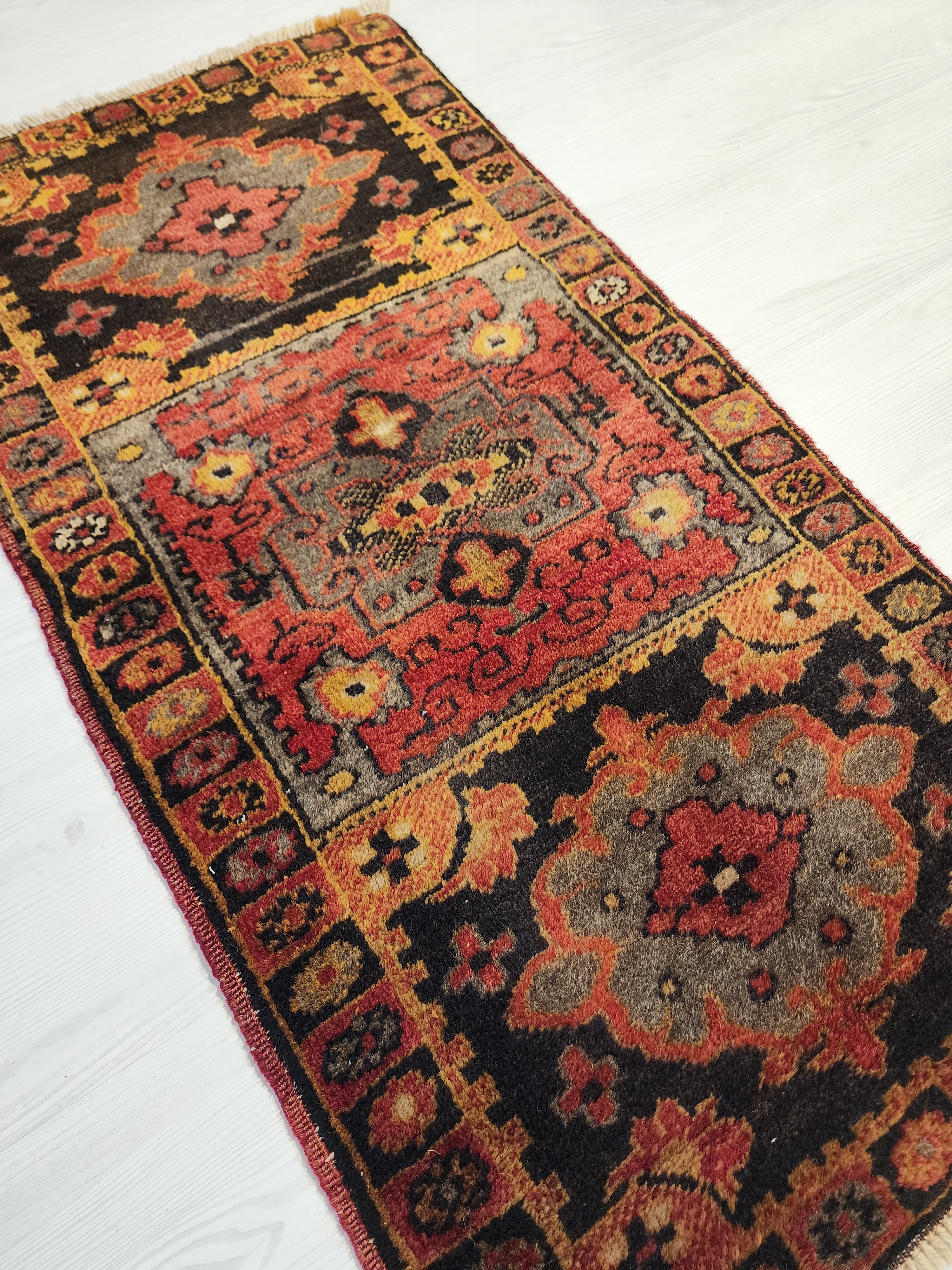 Matrona — Vintage Sivas Turkish Rug, Hand-Knotted Wool Anatolian Runner, Red Grey Black Medallion Entryway Mat