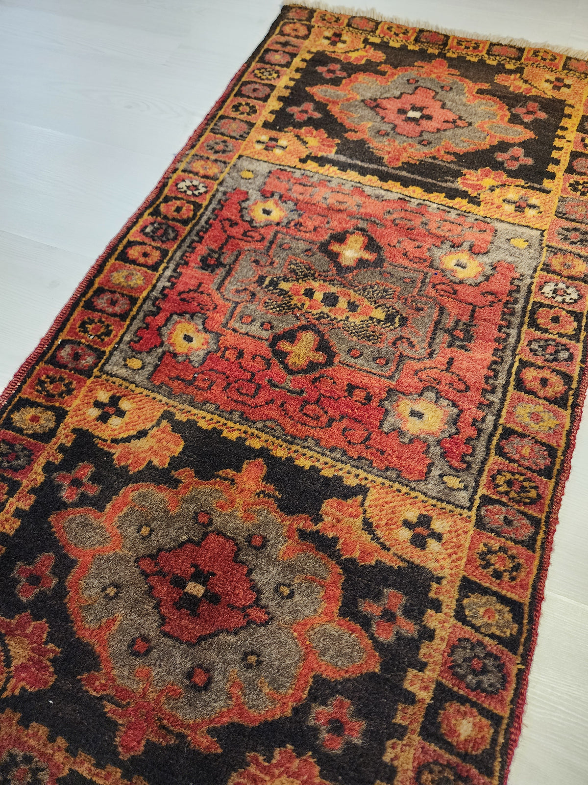 Matrona — Vintage Sivas Turkish Rug, Hand-Knotted Wool Anatolian Runner, Red Grey Black Medallion Entryway Mat
