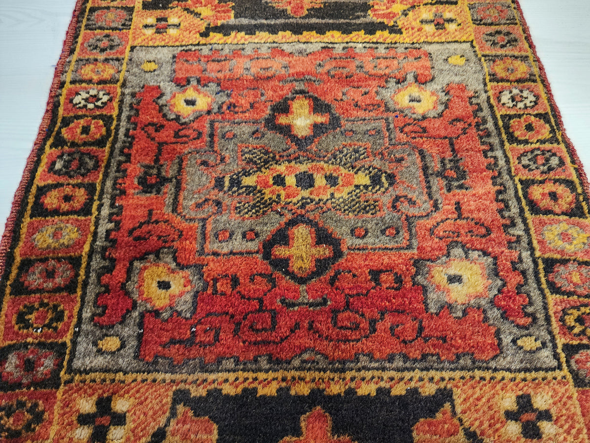 Matrona — Vintage Sivas Turkish Rug, Hand-Knotted Wool Anatolian Runner, Red Grey Black Medallion Entryway Mat