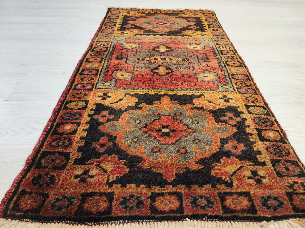 Matrona — Vintage Sivas Turkish Rug, Hand-Knotted Wool Anatolian Runner, Red Grey Black Medallion Entryway Mat