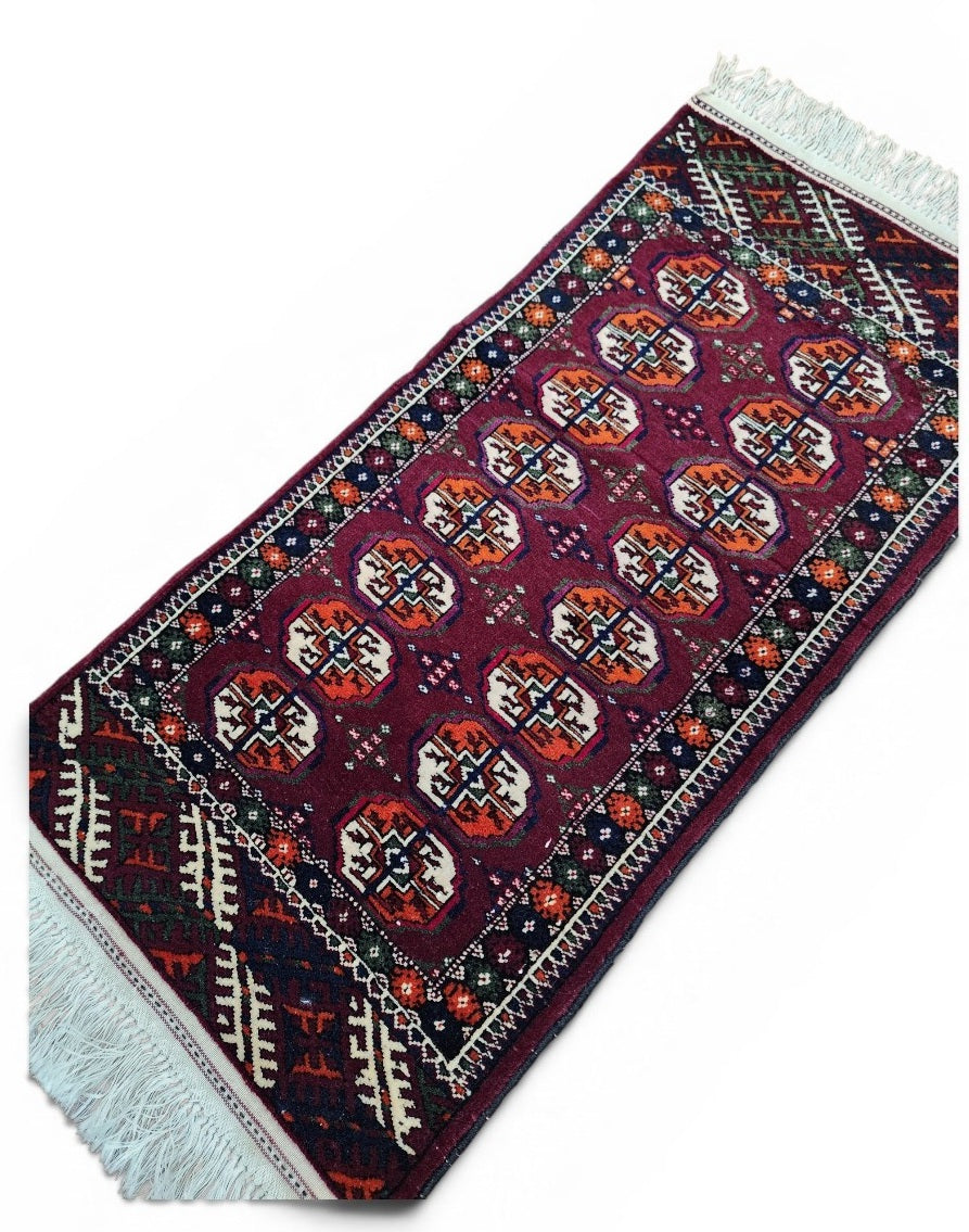 Daphnaie — Red Small Boakhara Rug, Organicg Wool Rug, 3.1x1.5 ft