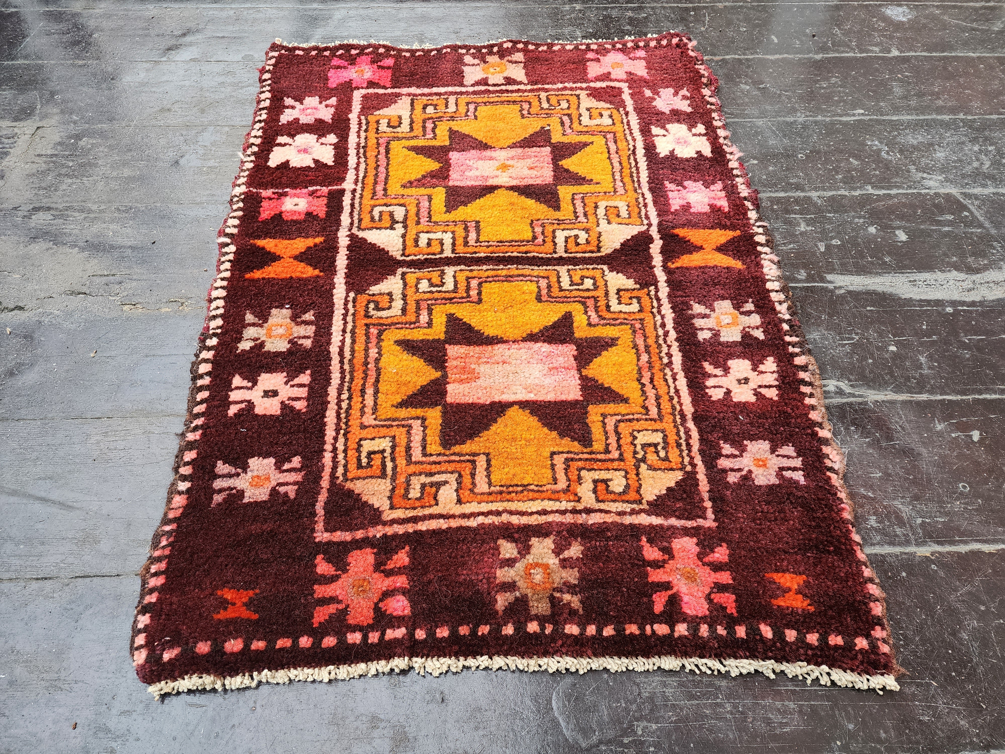 Tapis turc vintage, tribal, nomade, bohème, rustique, décor 2'7"x1'9"