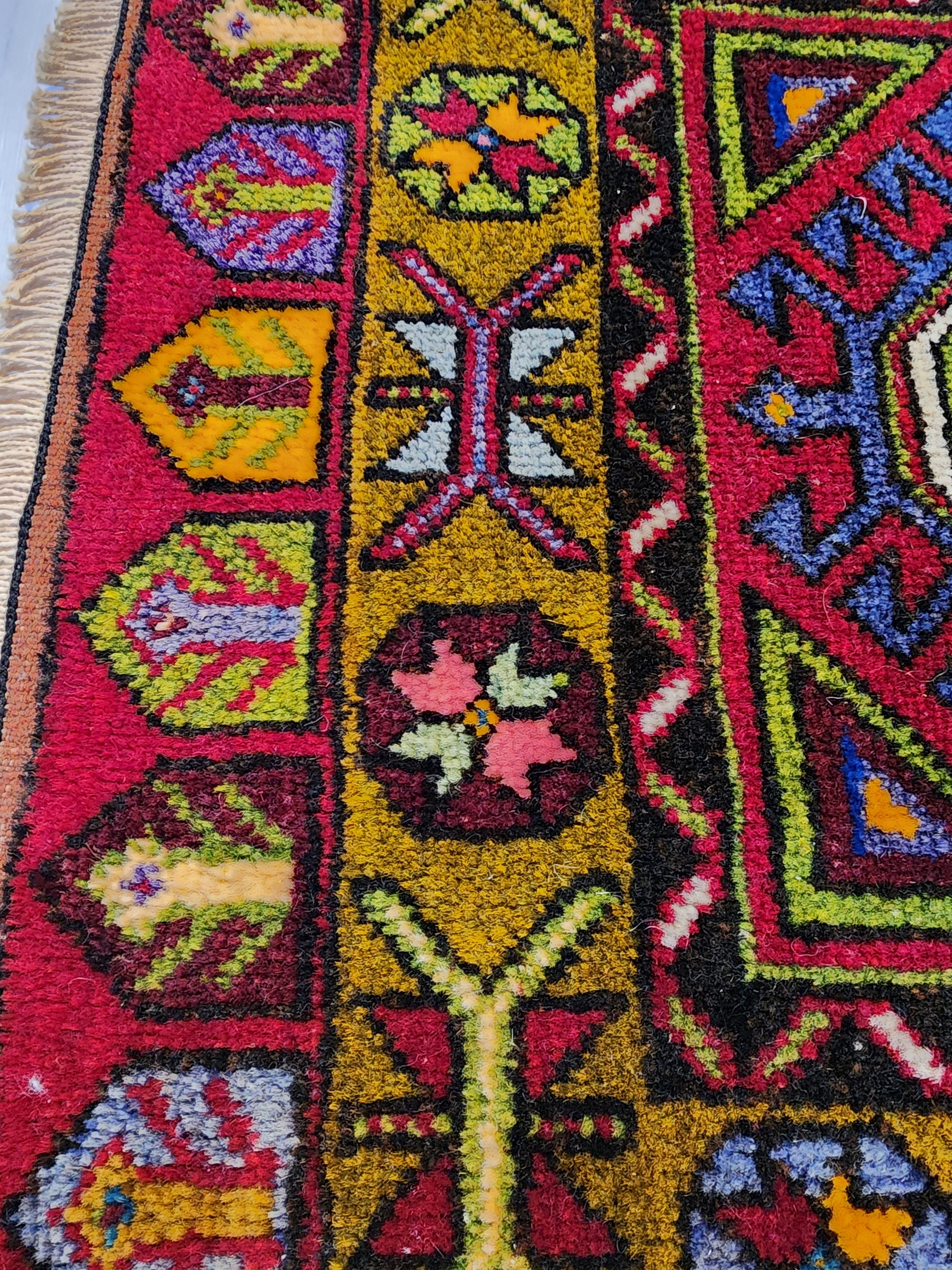 small Vintage Turkish Rug: 1'11'' x 4'3'' ft Handmade Turkish Mat — border pattern