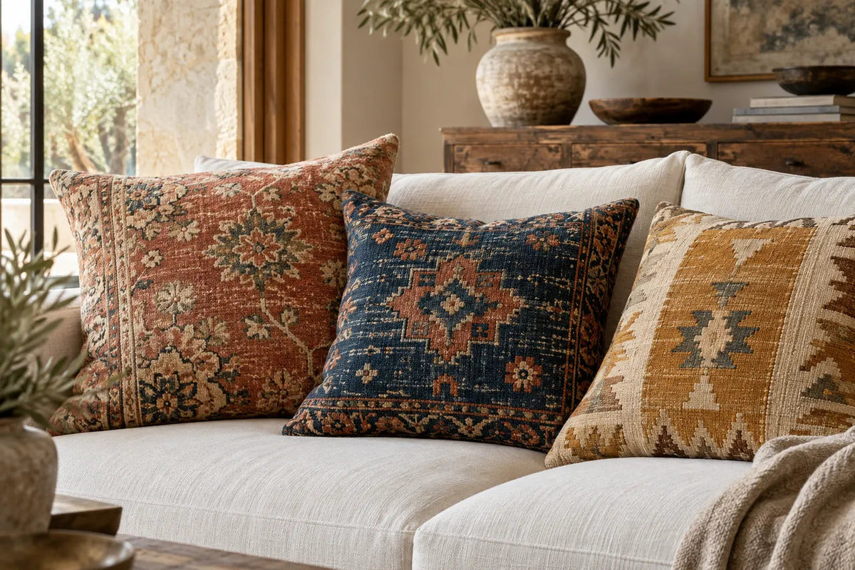 Three contrasting rug and kilim cushion covers on an ivory sofa