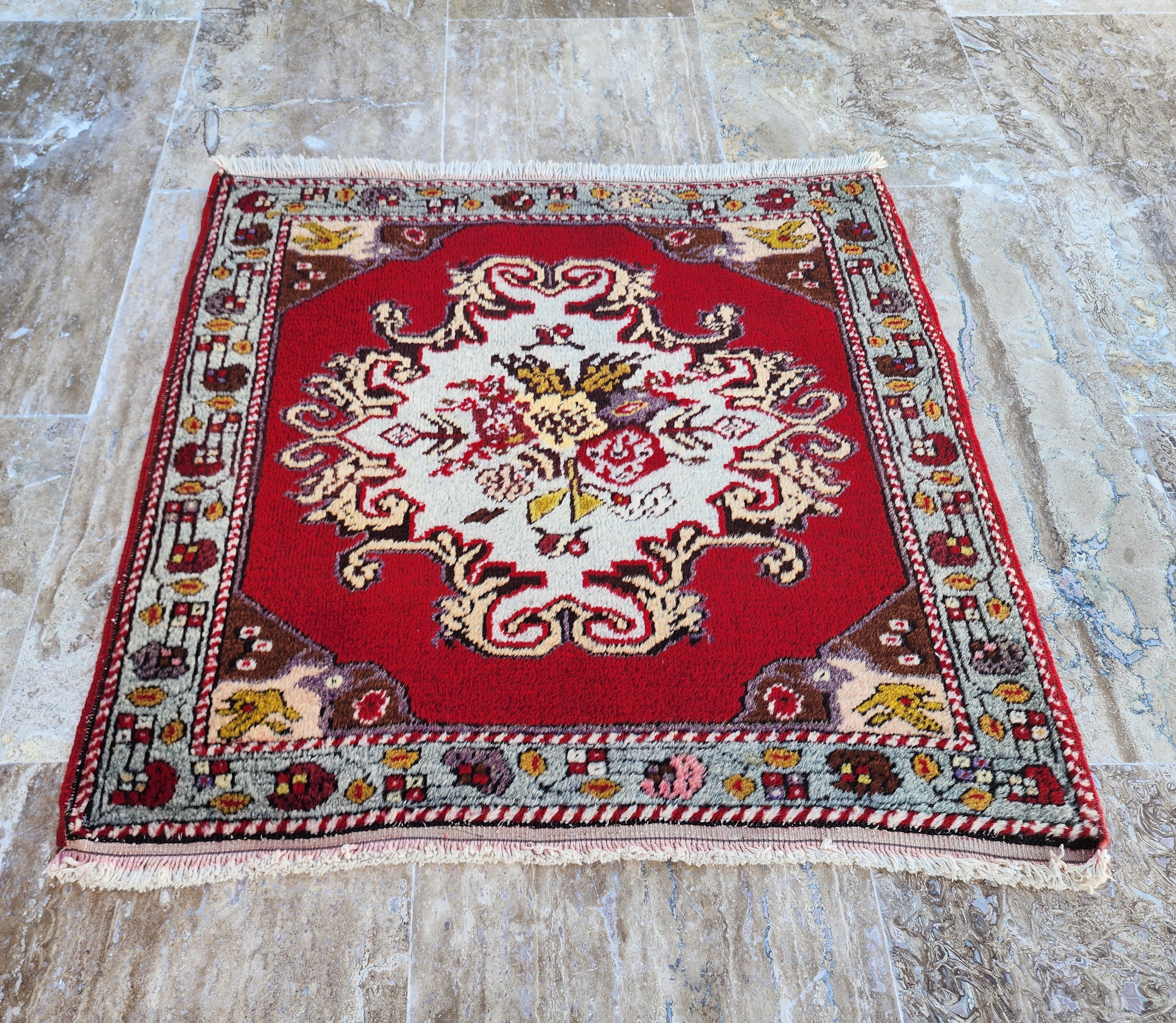 Small Vintage Rug 2 ft 2 in x 2 ft 4 in Red Brown and Beige Geometric Medallion Mat Handmade from Natural Wool for Entry or Bedroom