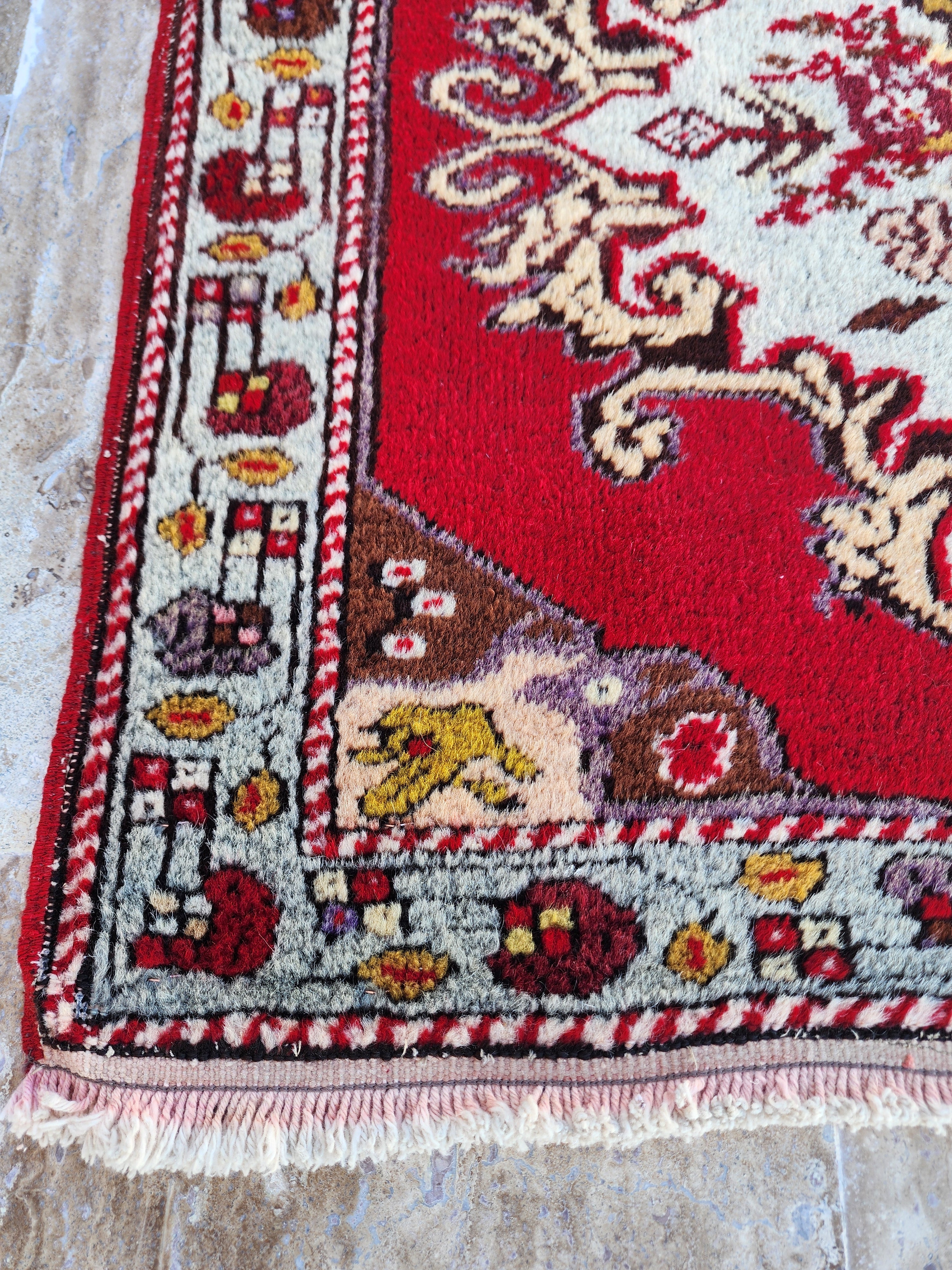Small Vintage Rug 2 ft 2 in x 2 ft 4 in Red Brown and Beige Geometric Medallion Mat Handmade from Natural Wool for Entry or Bedroom