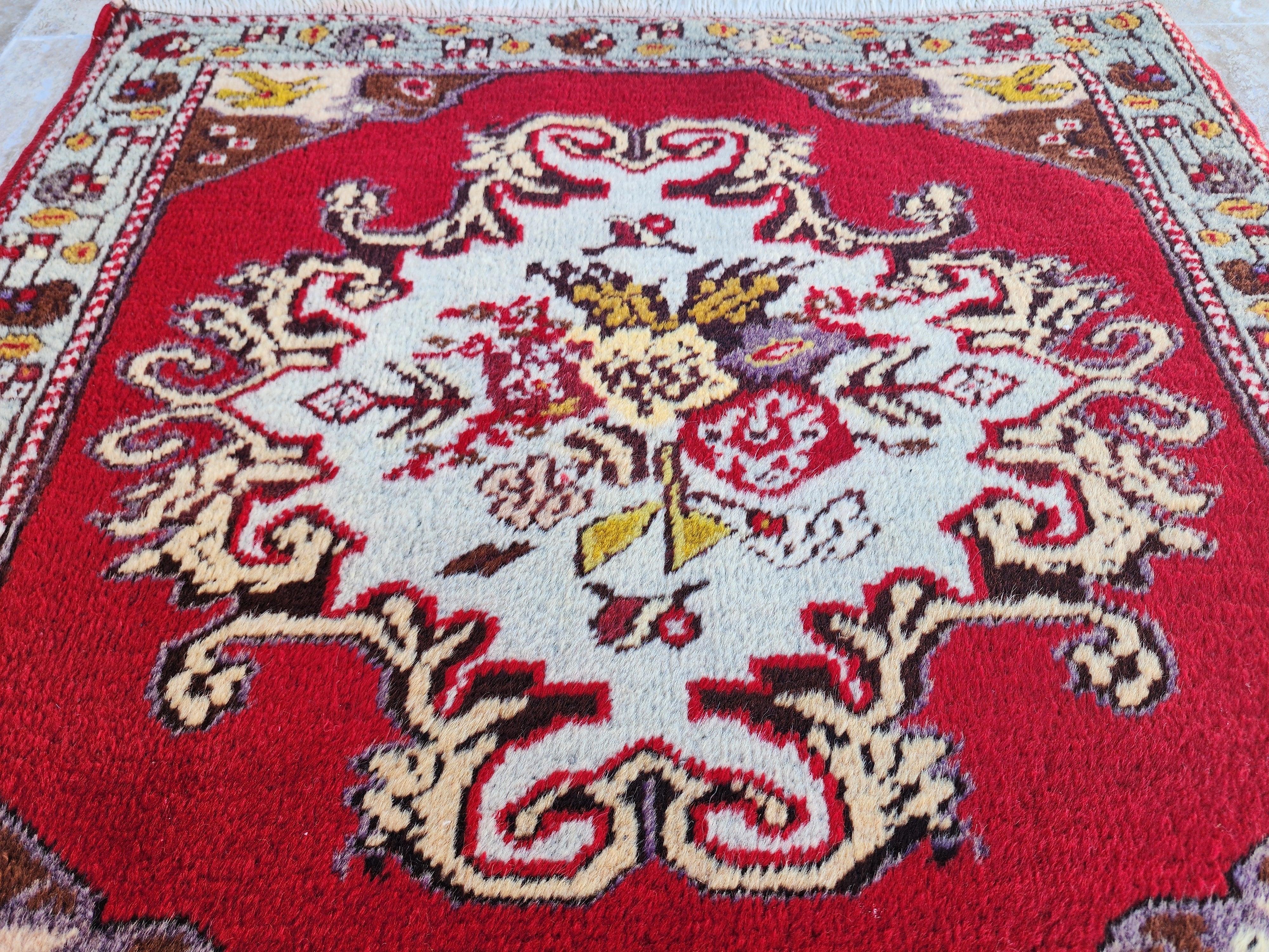 Small Vintage Rug 2 ft 2 in x 2 ft 4 in Red Brown and Beige Geometric Medallion Mat Handmade from Natural Wool for Entry or Bedroom