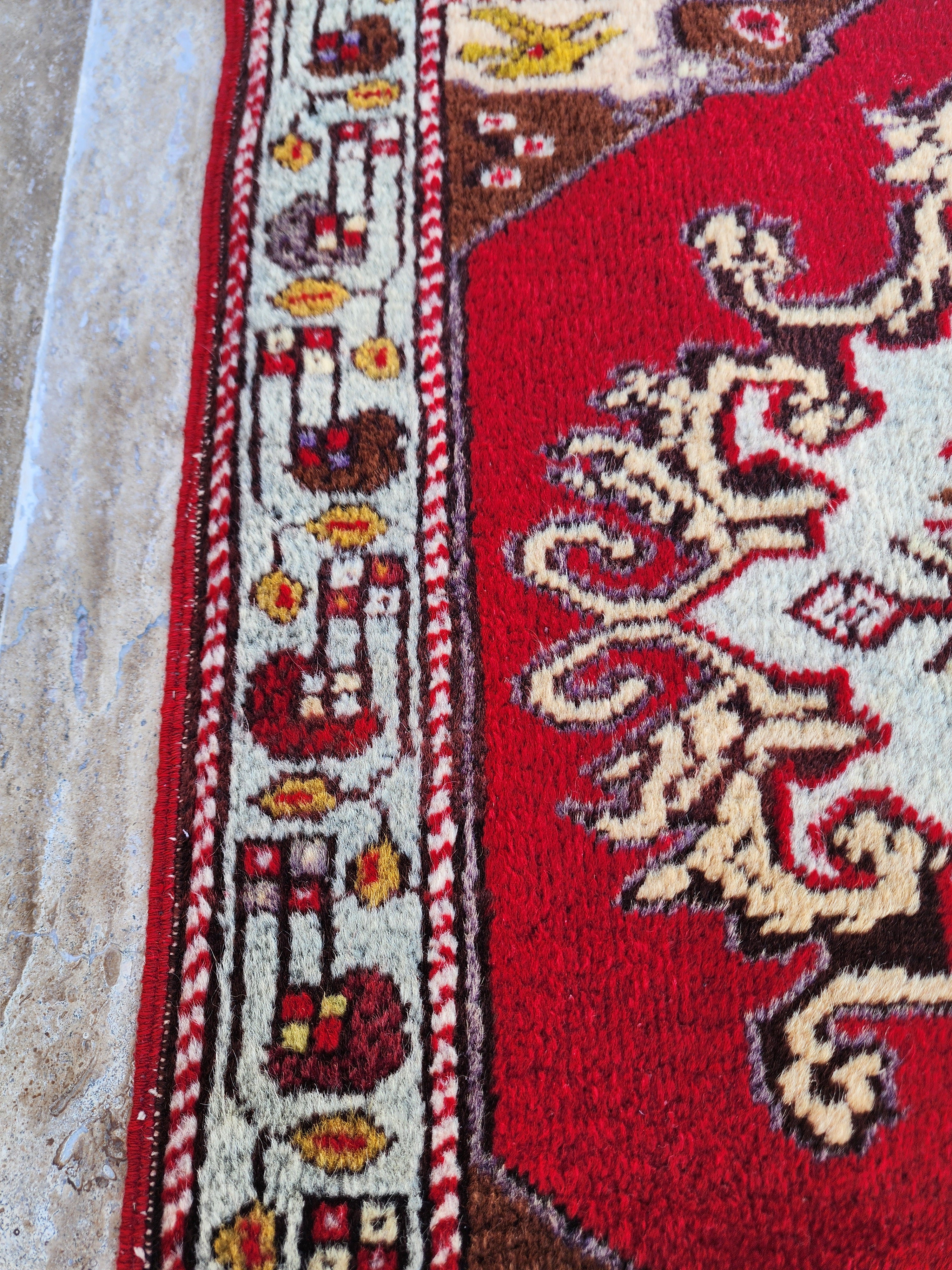Small Vintage Rug 2 ft 2 in x 2 ft 4 in Red Brown and Beige Geometric Medallion Mat Handmade from Natural Wool for Entry or Bedroom