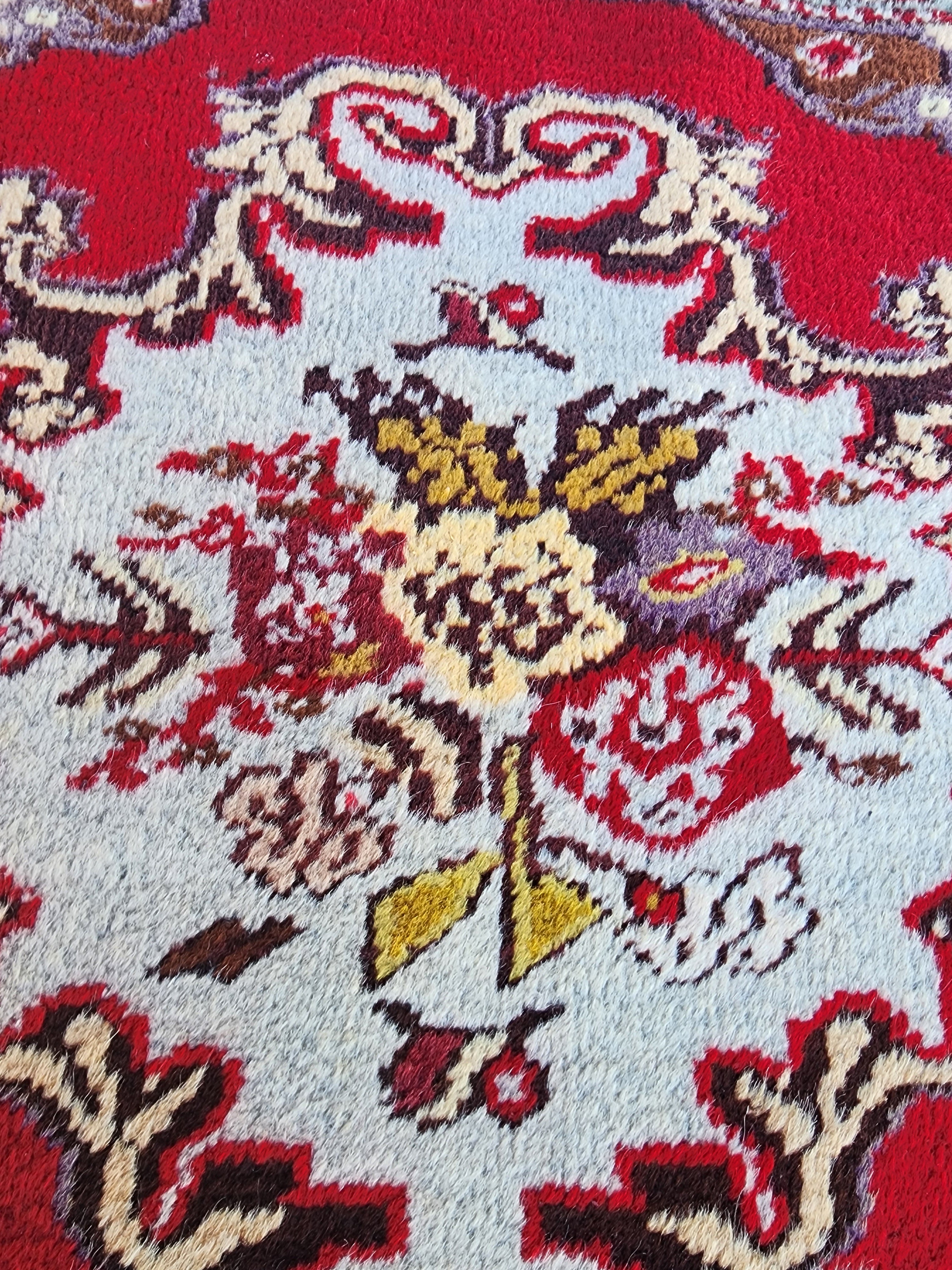 Small Vintage Rug 2 ft 2 in x 2 ft 4 in Red Brown and Beige Geometric Medallion Mat Handmade from Natural Wool for Entry or Bedroom
