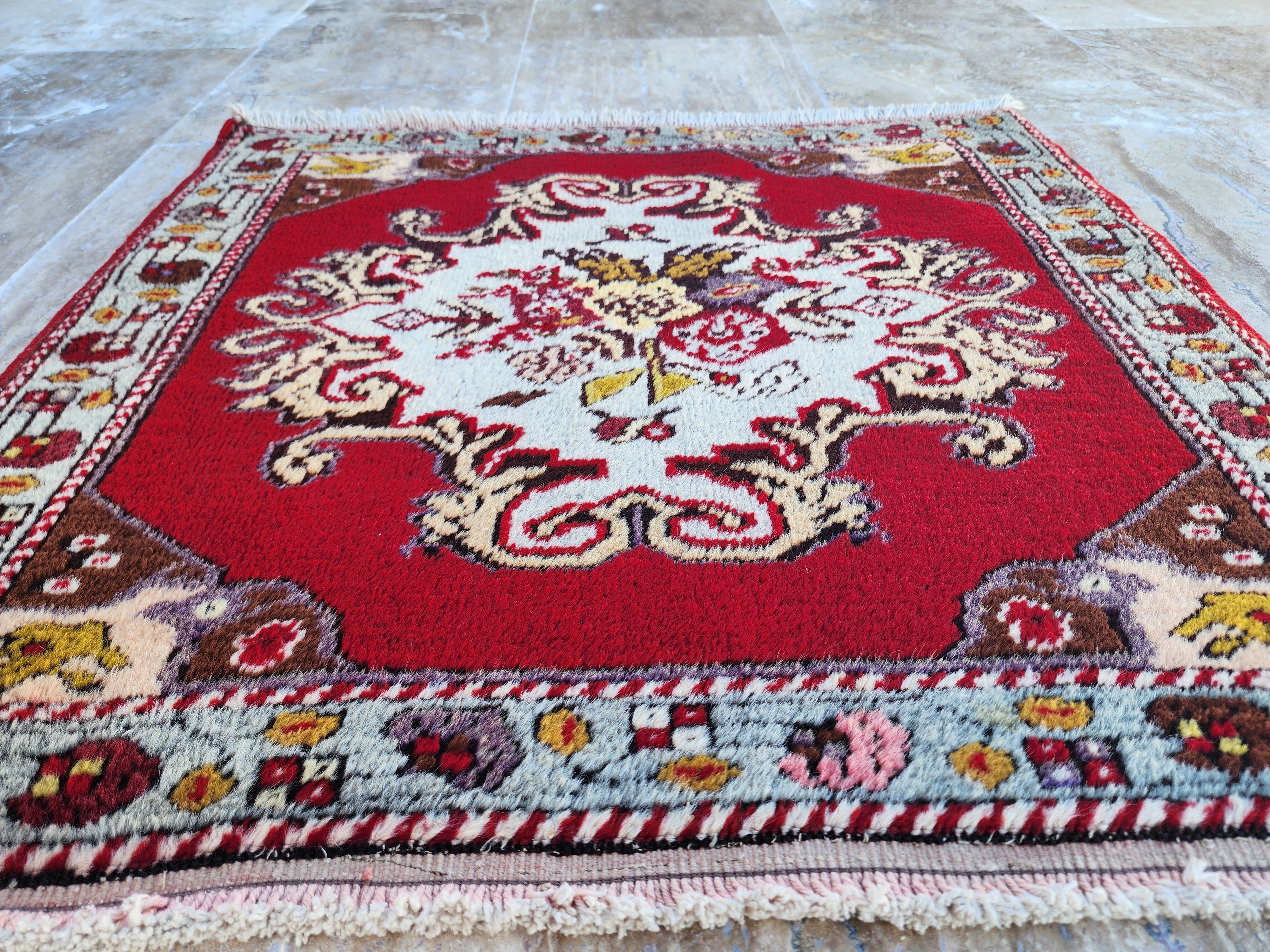 Small Vintage Rug 2 ft 2 in x 2 ft 4 in Red Brown and Beige Geometric Medallion Mat Handmade from Natural Wool for Entry or Bedroom