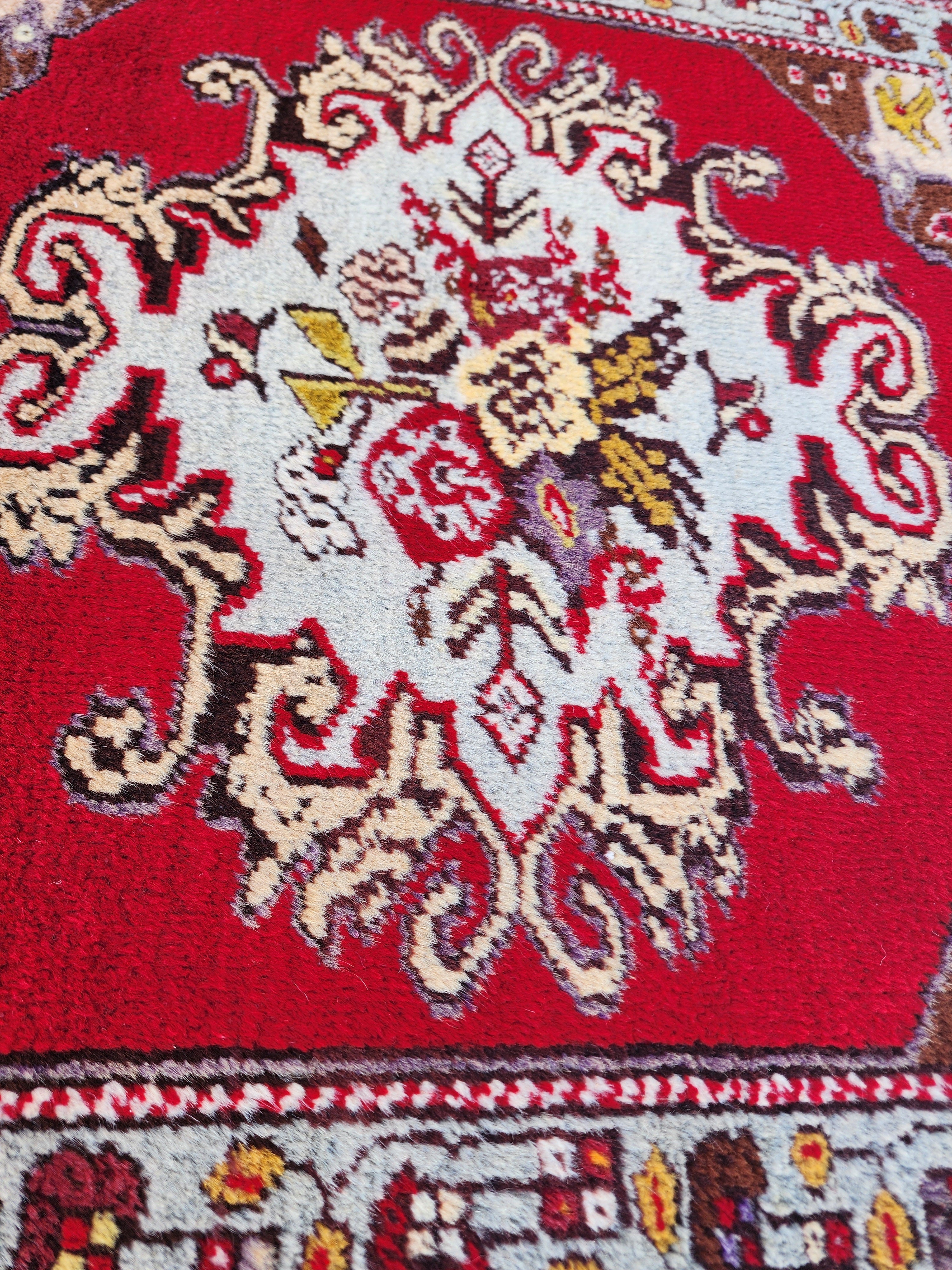 Small Vintage Rug 2 ft 2 in x 2 ft 4 in Red Brown and Beige Geometric Medallion Mat Handmade from Natural Wool for Entry or Bedroom