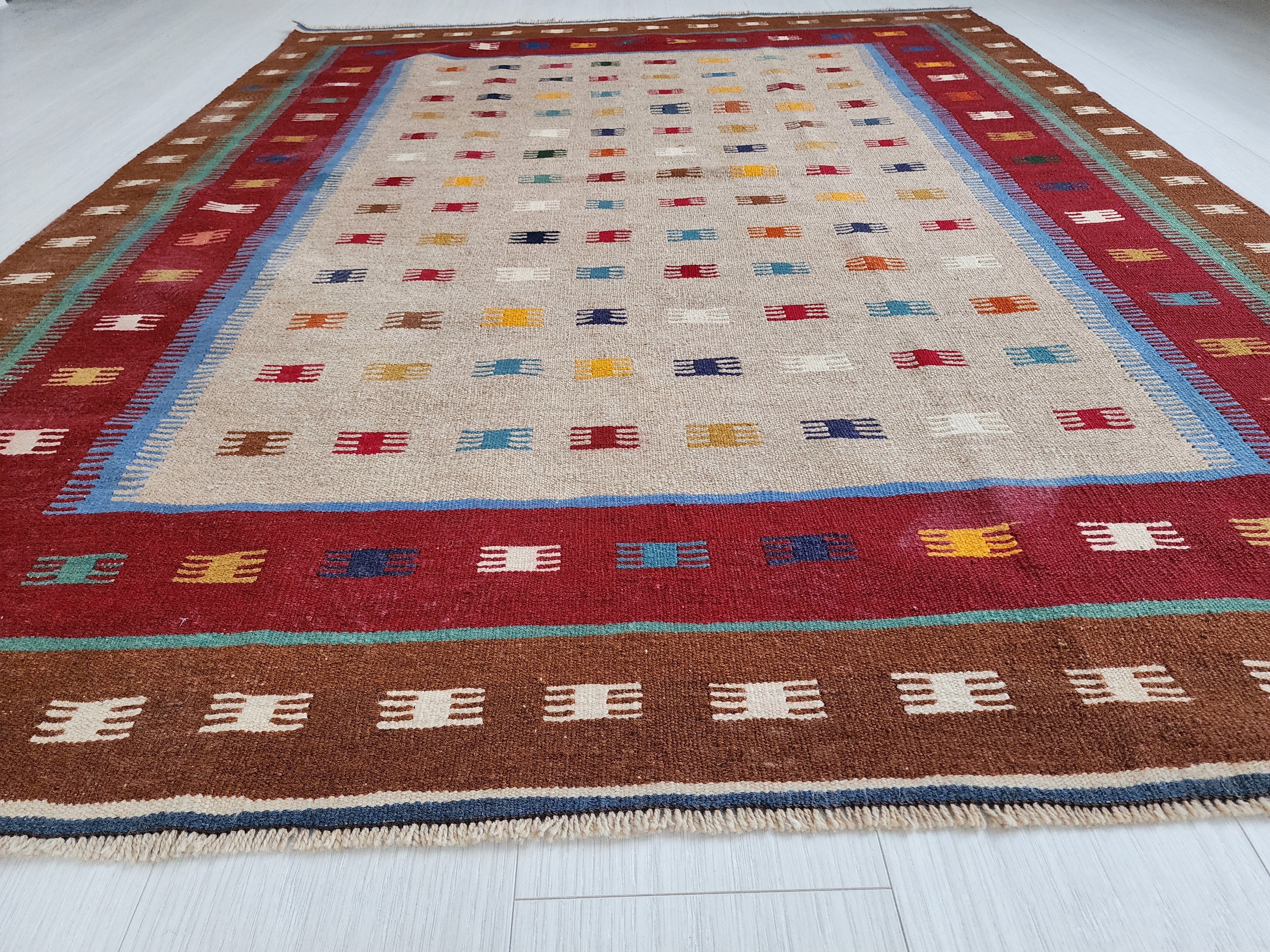 Konya Turkey Colorful Kilim Rug Boho Deco Rug, Traditional Tribal Nomadic Design Rustic Rug, Bohemian Decor Handspun Wool 5'1''x6'6''