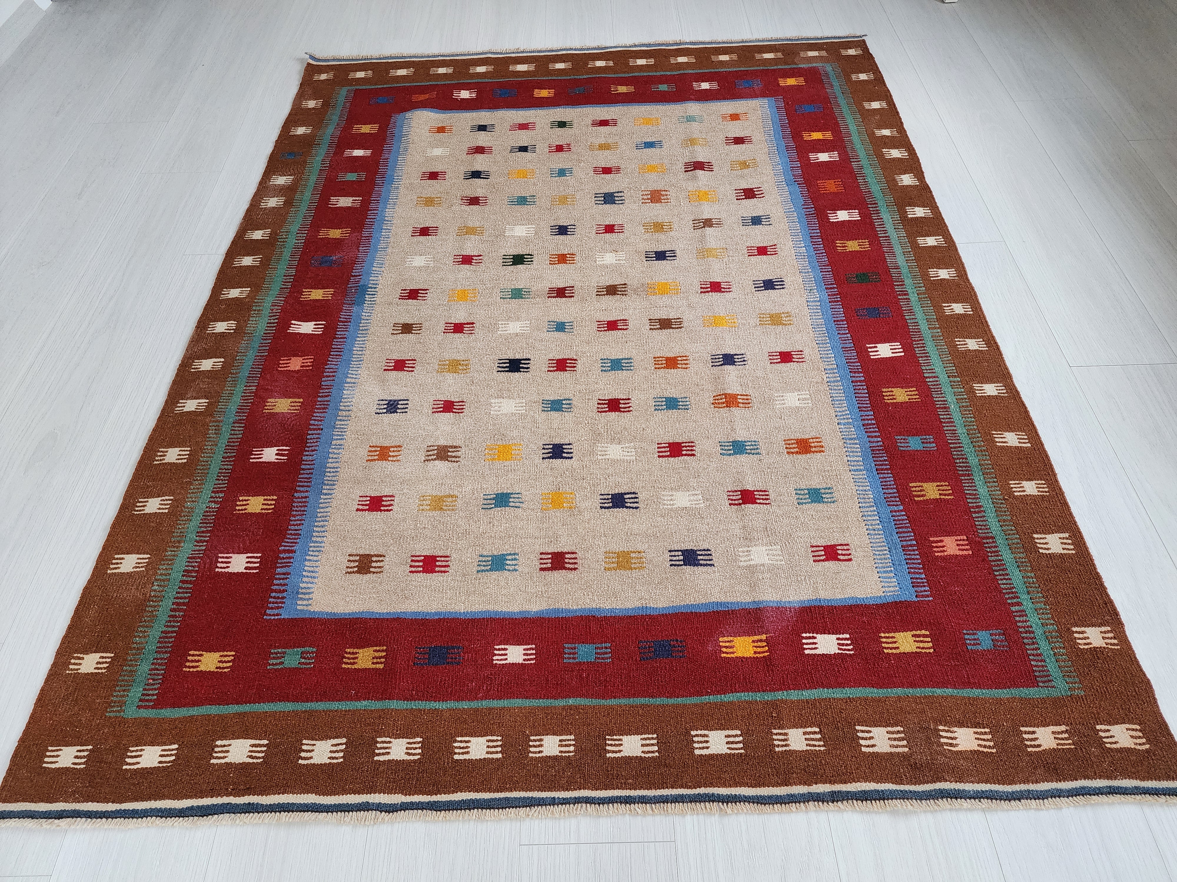 Konya Turkey Colorful Kilim Rug Boho Deco Rug, Traditional Tribal Nomadic Design Rustic Rug, Bohemian Decor Handspun Wool 5'1''x6'6''